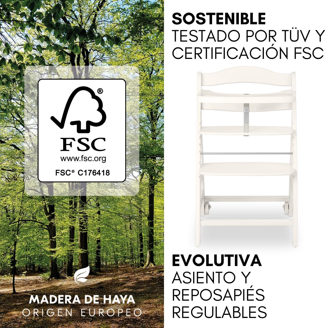 hauck Beta Newborn Set de Trona de Madera para Bebés - Tronas Evolutivas para Recién Nacidos con Hamaca Premium Cojín y Bandeja - Silla Alta Niños Comedor - Blanco
