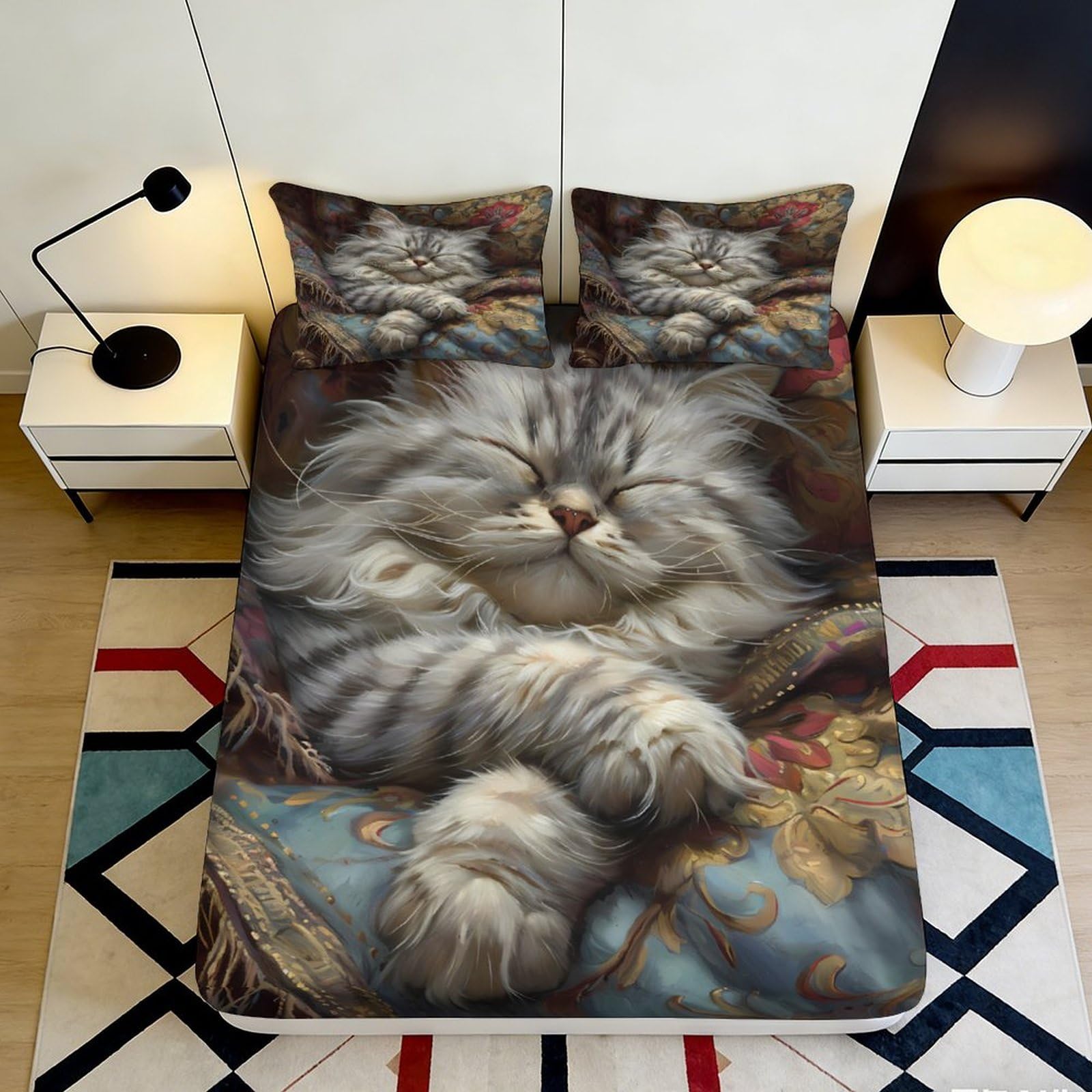 3D Printed Fluffy Cat Fitted Sheet Microfiber Soft Breathable Sleeping Kitty Mattress Cover for Bedroom Dorm Decor 200x200x25cm