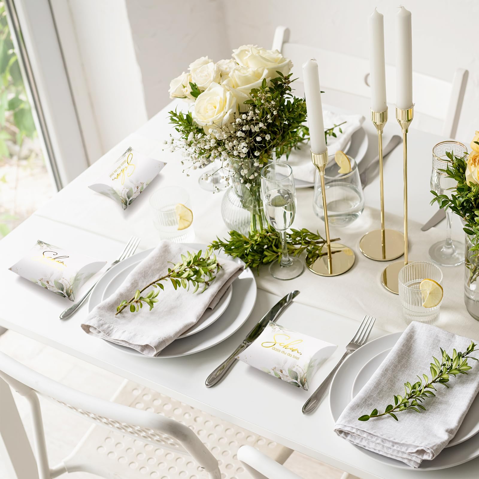 50 Stück „Schön Dass Du Da Bist“ Gastgeschenkboxen – Eukalyptus Design, 9x6,5x2,4 Cm, Für Hochzeit & Taufe