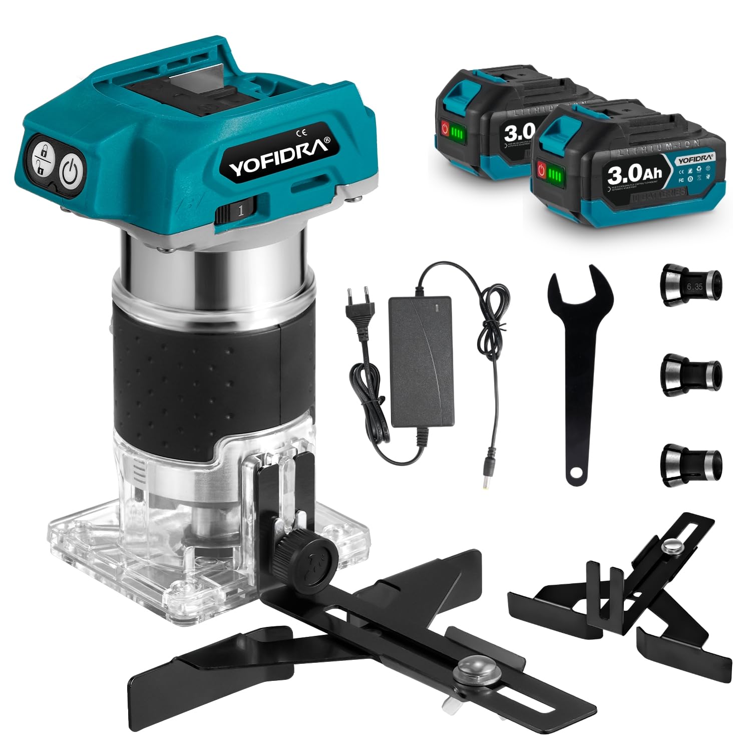 Yofidra Fresadora para Madera a batería, Rebajadora Eléctrica 20V | 10000-30000RPM | 5 Velocidades | 300W | Pinzas de 6mm/6.35mm/8mm | Profundidad Ajustable 0-40mm | 2 3.0Baterías