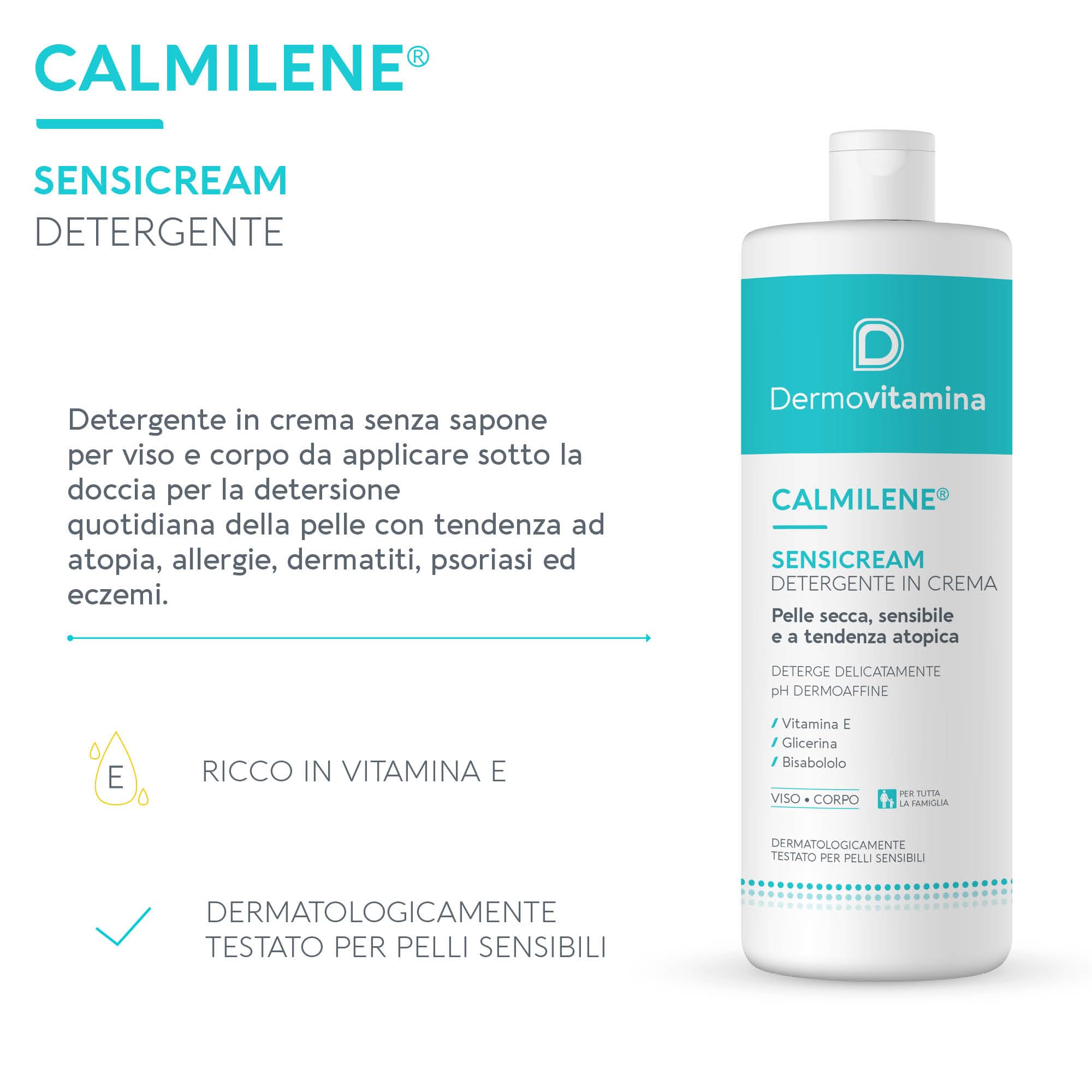 Dermovitamina Calmilene Sensicream Detergente 500 ml - Detergente Viso - Crema Idratante Viso e Corpo - Per pelle sensibili e dermatiti - Con Vitamina E e Calmilene - Senza Sapone