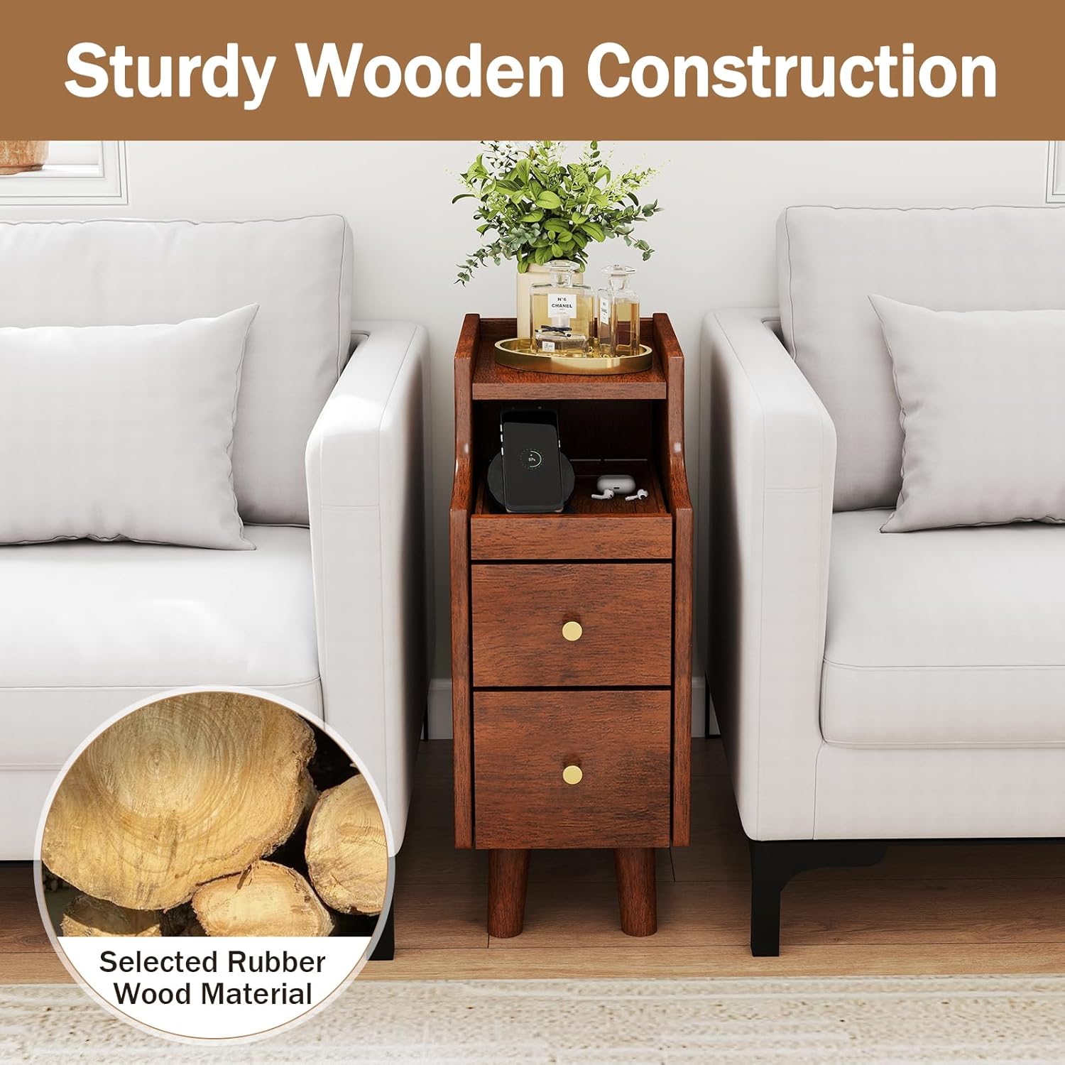 KOMFOTT Narrow Nightstand with Drawers, Solid Wood Bedside Table with Pull-Out Tray & 2 Storage Drawers, Slim Sofa End Table with Cable Management for Small Spaces, Bedroom (Brown)