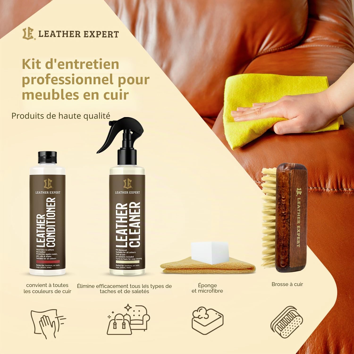Kit d'entretien pour canapé en cuir - Couleur neutre - Nettoyant pour cuir et cuir - 250 ml - Biodégradable - Soin du cuir pour meubles - Élimine les odeurs désagréables - Avec accessoires