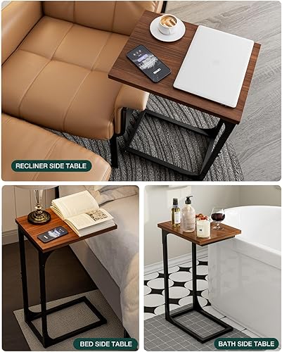 Miniatura 7 de Mesa auxiliar en forma de C para sofá, soporte de café pequeño, bandeja de sofá con marco de metal y resistente al agua, resistente a los arañazos,