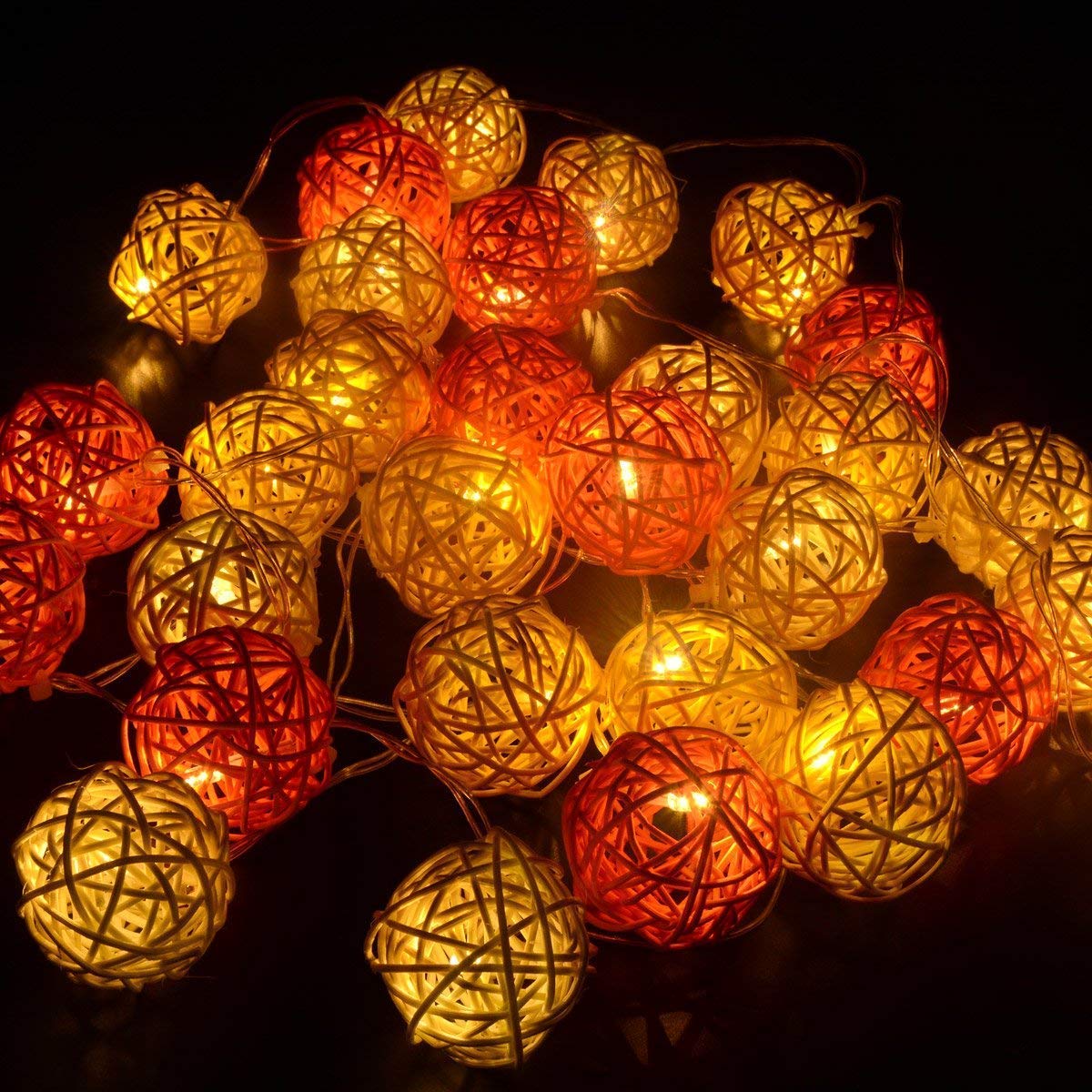 Antm Warm White+Orange Rattan Ball String Lights, 3M/9.8Ft,Battery Operated 20 Led String Lights, Indoor Fairy String Lights Decorative For Bedroom Party Wedding (Warm White+Orange)