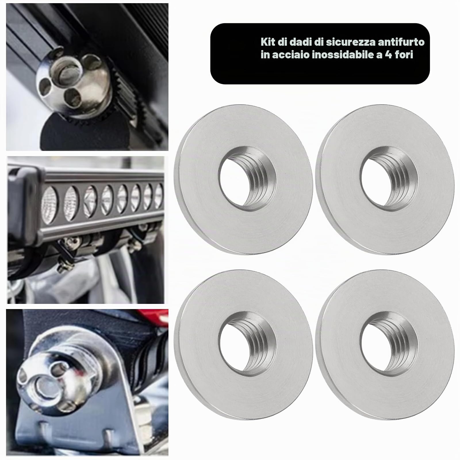 1 Set di dadi antifurto M8 a 4 fori, in acciaio inox, antifurto per tenda da tetto, portabici, impianto solare (4 dadi, 1 lucchetto) argento