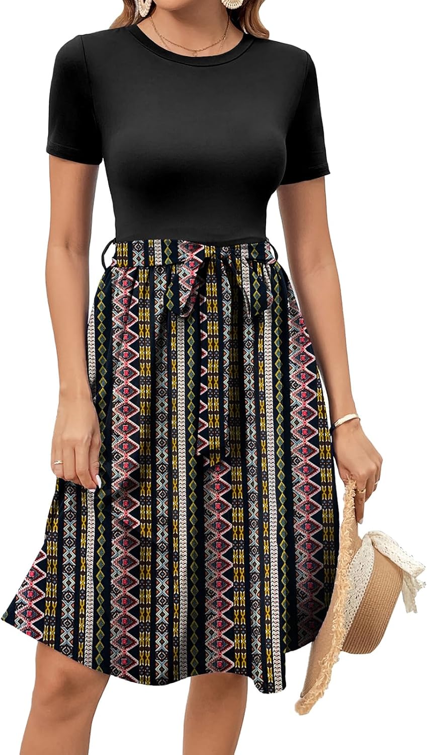 Women's Elegant Vintage Round Neck Short Sleeve Summer Casual Work Party A-Line Dress with Belt 809