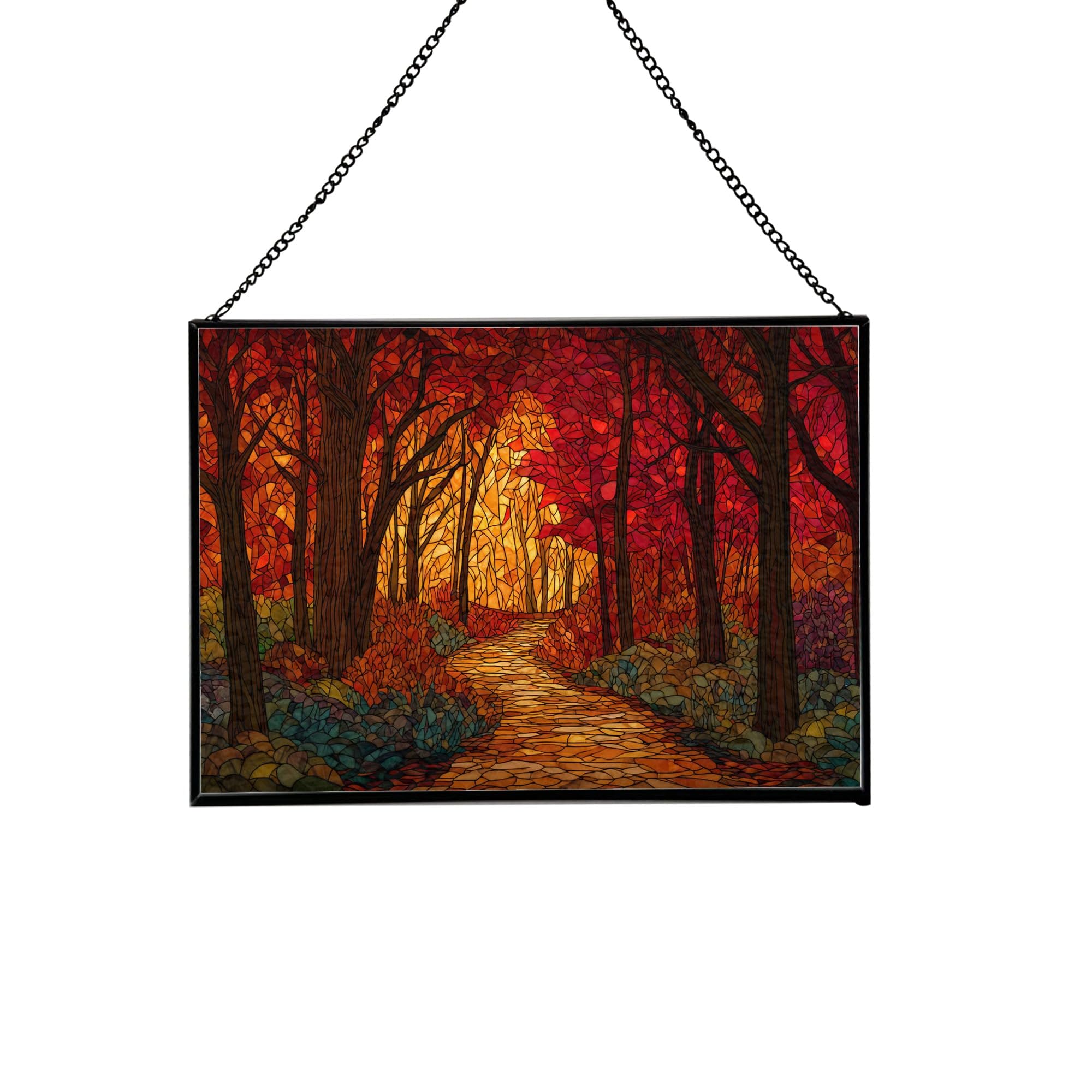 Path Through Glowing Autumn Forest Rectangular Stained Glass Suncatcher – Hanging Window Panel with Animal & Nature Scene – Vibrant Glass Art Gift for Wildlife, Fantasy, Nature Lovers 1GorZh