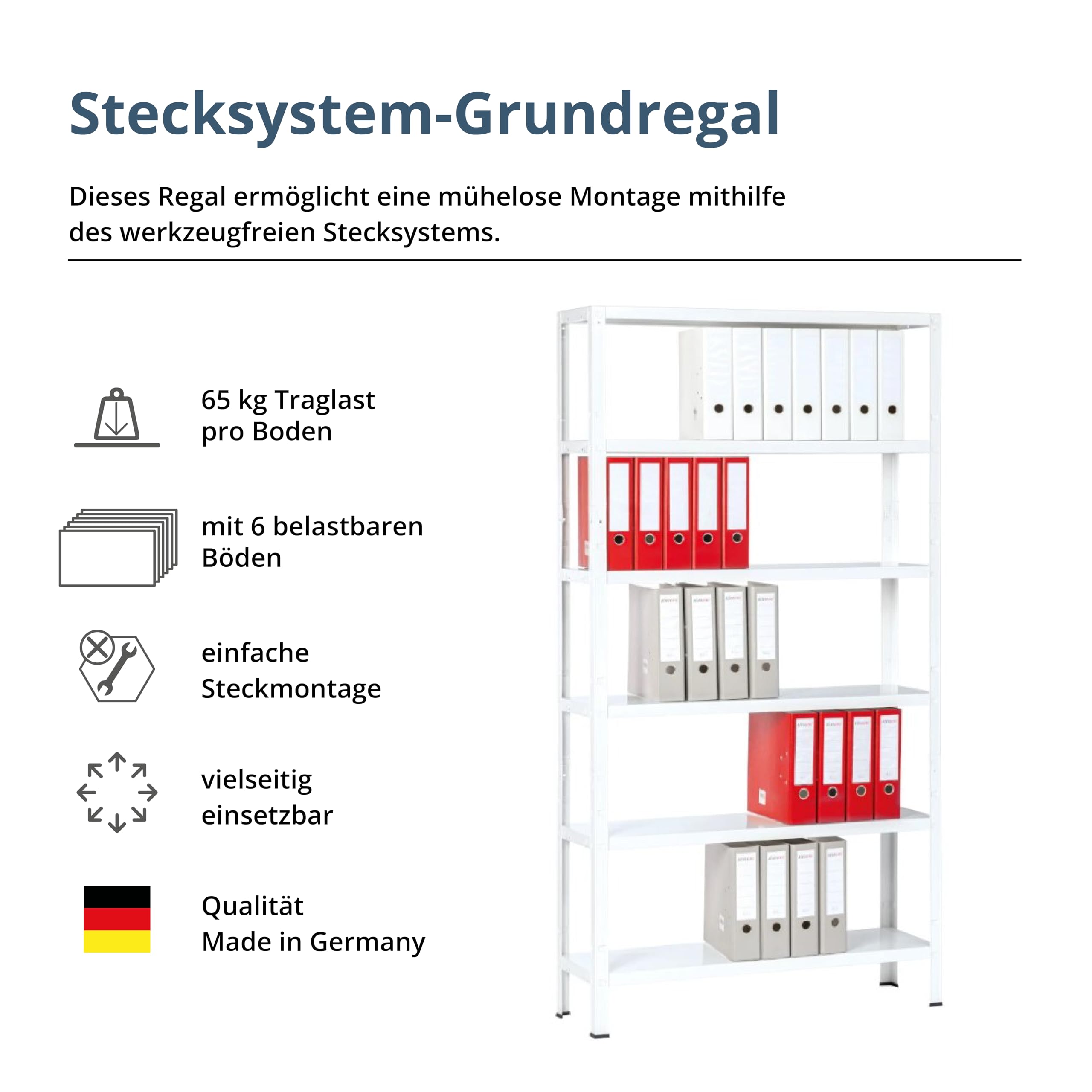 SCHULTE Regalwelt Steck- Büroregal mit 6 PowerMAX Fachböden, 65 kg Tragkraft, 200x100x30 cm (HxBxT), weiß, Lagerregal, Werkstattregal, Kellerregal, Garagenregal, Metallregal
