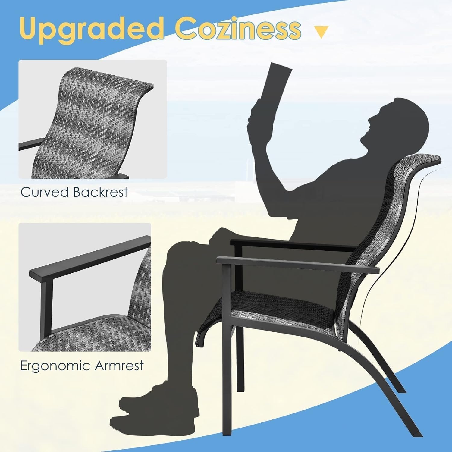 3-Piece High Back Patio Set, Wicker Bistro Chairs with Metal Side Table, 330lbs Capacity Outdoor Furniture for Porch(Gray)