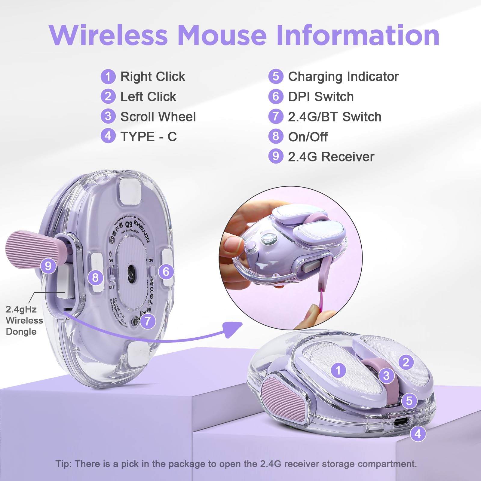 Q9 - Ratón inalámbrico portátil silencioso de 2,4 GHz/Bluetooth, modo dual, 4 DPI ajustables, 4800 DPI con iluminación RGB, compatible con Win/Mac/Android/iOS (morado)