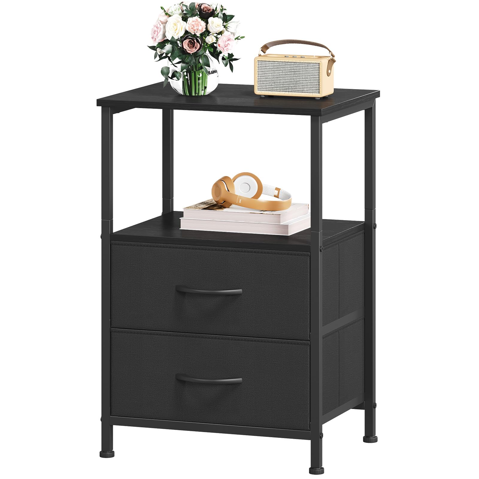 Somdot Bedside Table for Bedroom, Open Shelf, 2 Drawers, Black