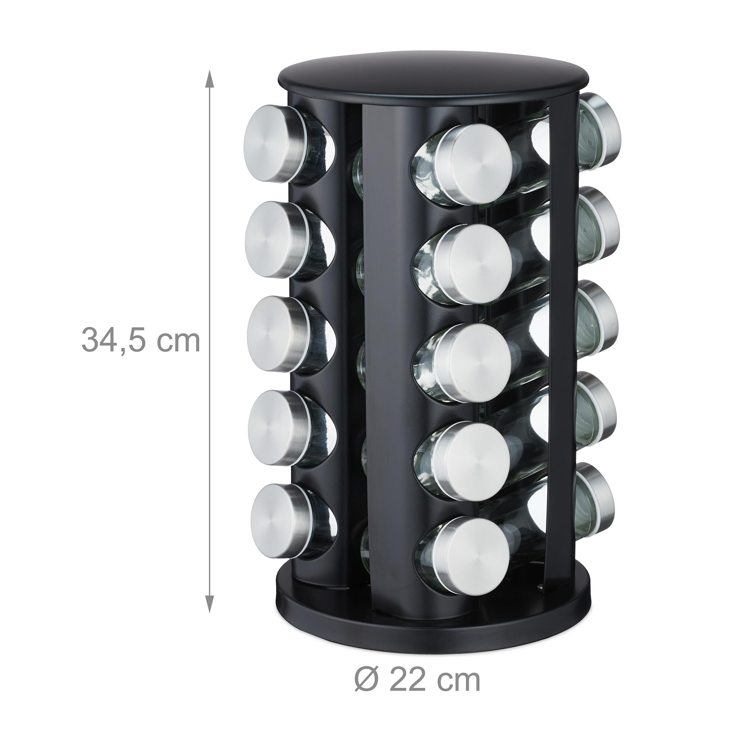 Relaxdays Portaspezie da Cucina, 20 Barattoli Spezie, 80 ml, Girevole a 360°, in Acciaio Inox e Vetro, 34,5x22 cm, Nero