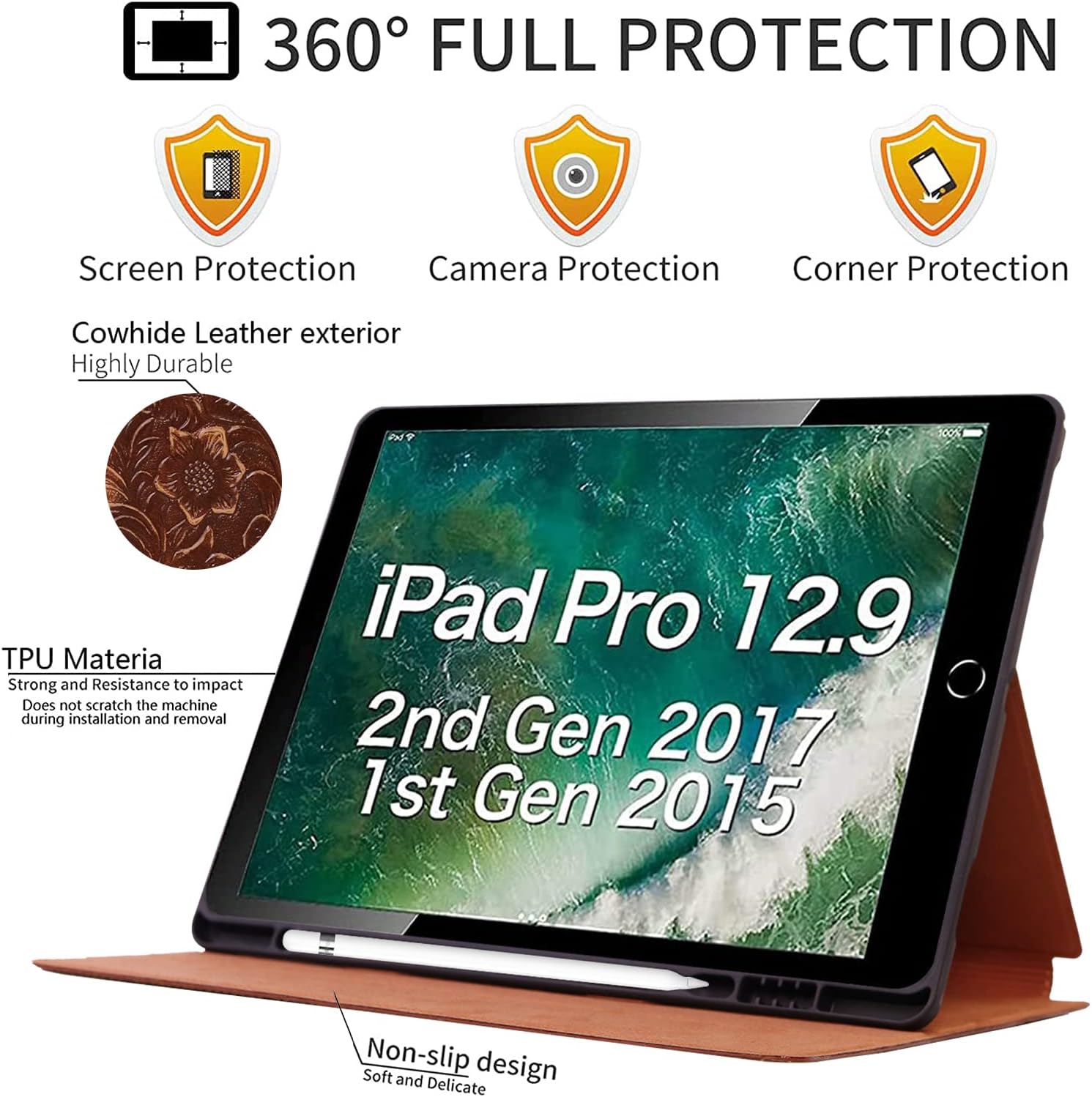Gexmil Case for iPad Pro 12.9 Inch,2nd/1st Generation(2017/2015) Genuine Leather Cover with Pencil Holder,Cowhide Folio Cover Auto Sleep/Wake,Anti-Fingerprint,Flower Brown
