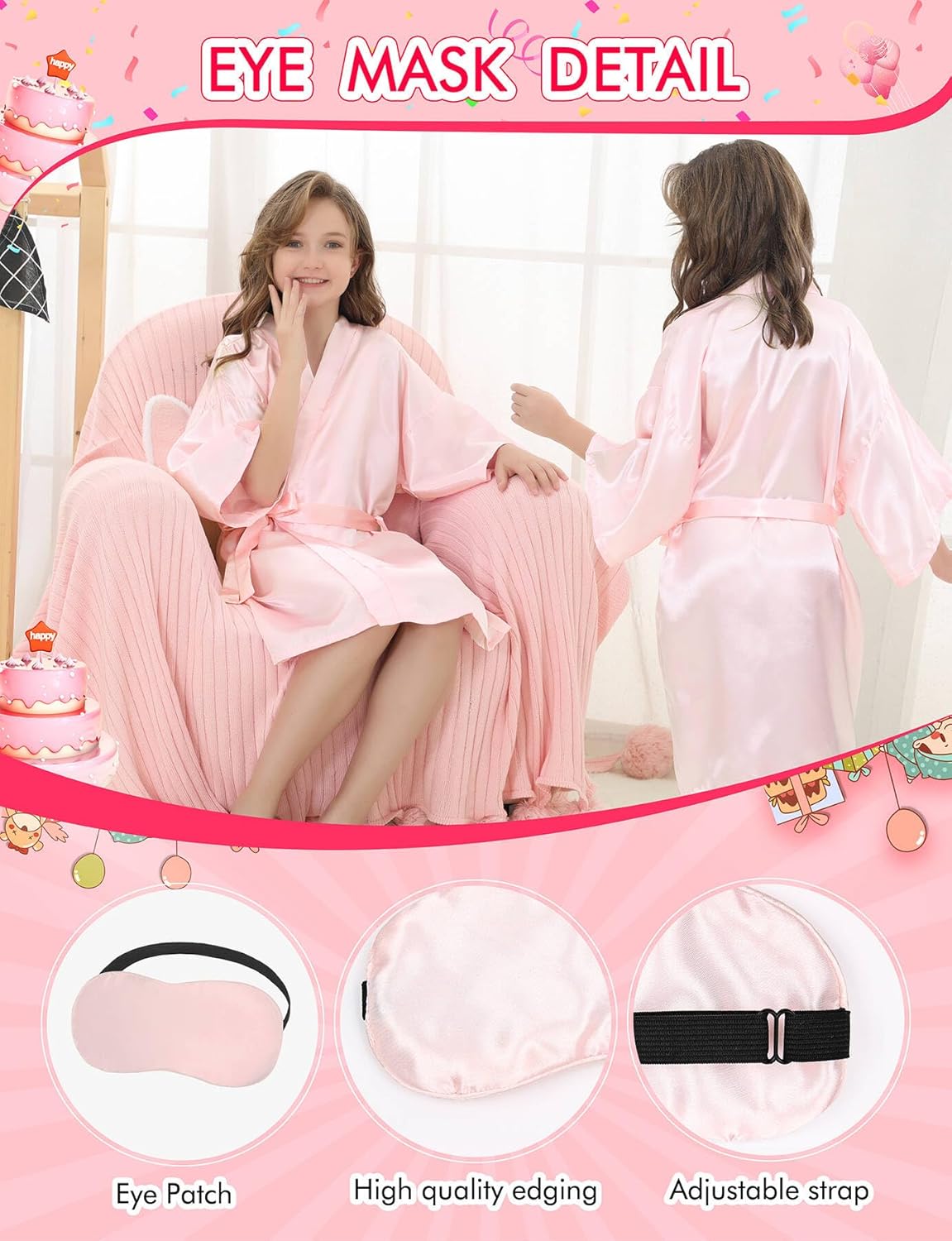 EPLAZA Kids Girls Satin Robe with Hair Band Eye Mask for Birthday Spa Bridal Party Flower Girls Wedding Robes Kimono - Image 3