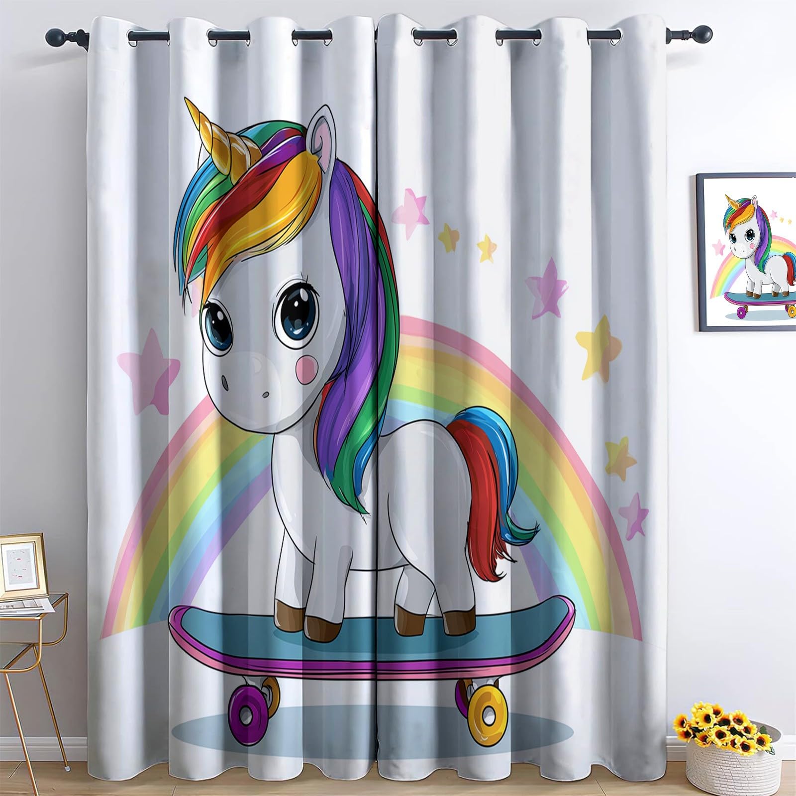 Termiczne zasłony zaciemniające 140 x 245 cm kreskówka jednorożec skuter - zasłony do sypialni salonu, odporne na światło i hałas, izolowane na lato i zimę, 2 sztuki, kolor jasny