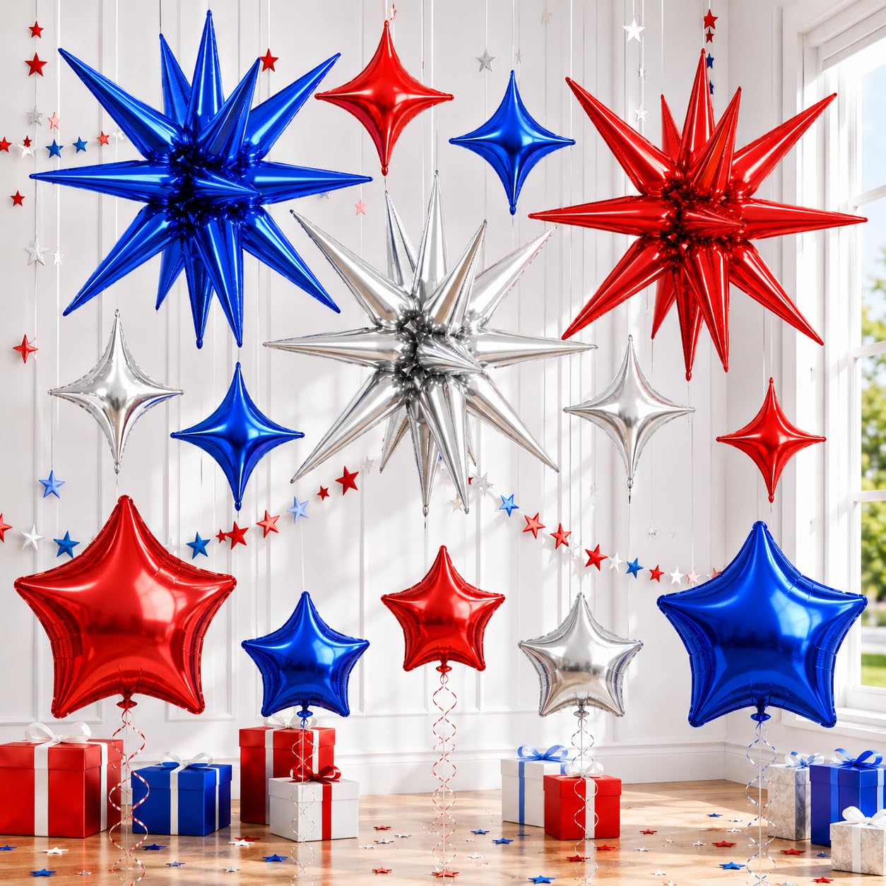 Red Blue Silver Balloons 22 18 10 In 4th of July Patriotic Navy Royal Blue Red Explosion Star Foil Balloon for USA 250th Anniversary Fourth of July Independence Day Memorial Birthday Grad Party Decor — image 1