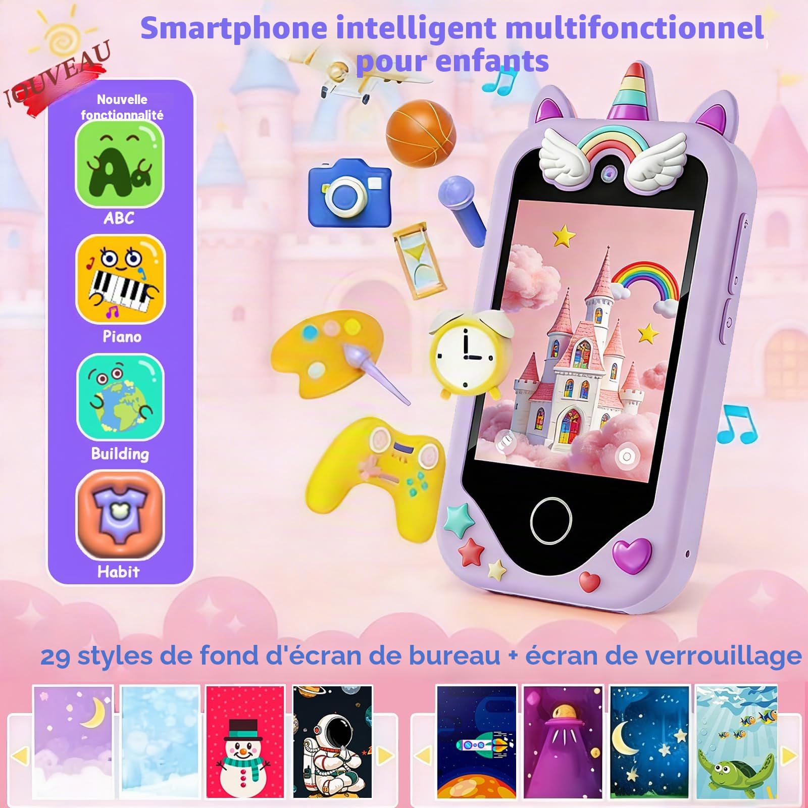 Smartphone pour enfants pour filles, téléphone enfant jouet avec écran tactile, cadeau d'anniversaire de Noël pour enfants de 3 à 8 ans, double caméras, apprentissage, lecteur de musique, jeux, violet