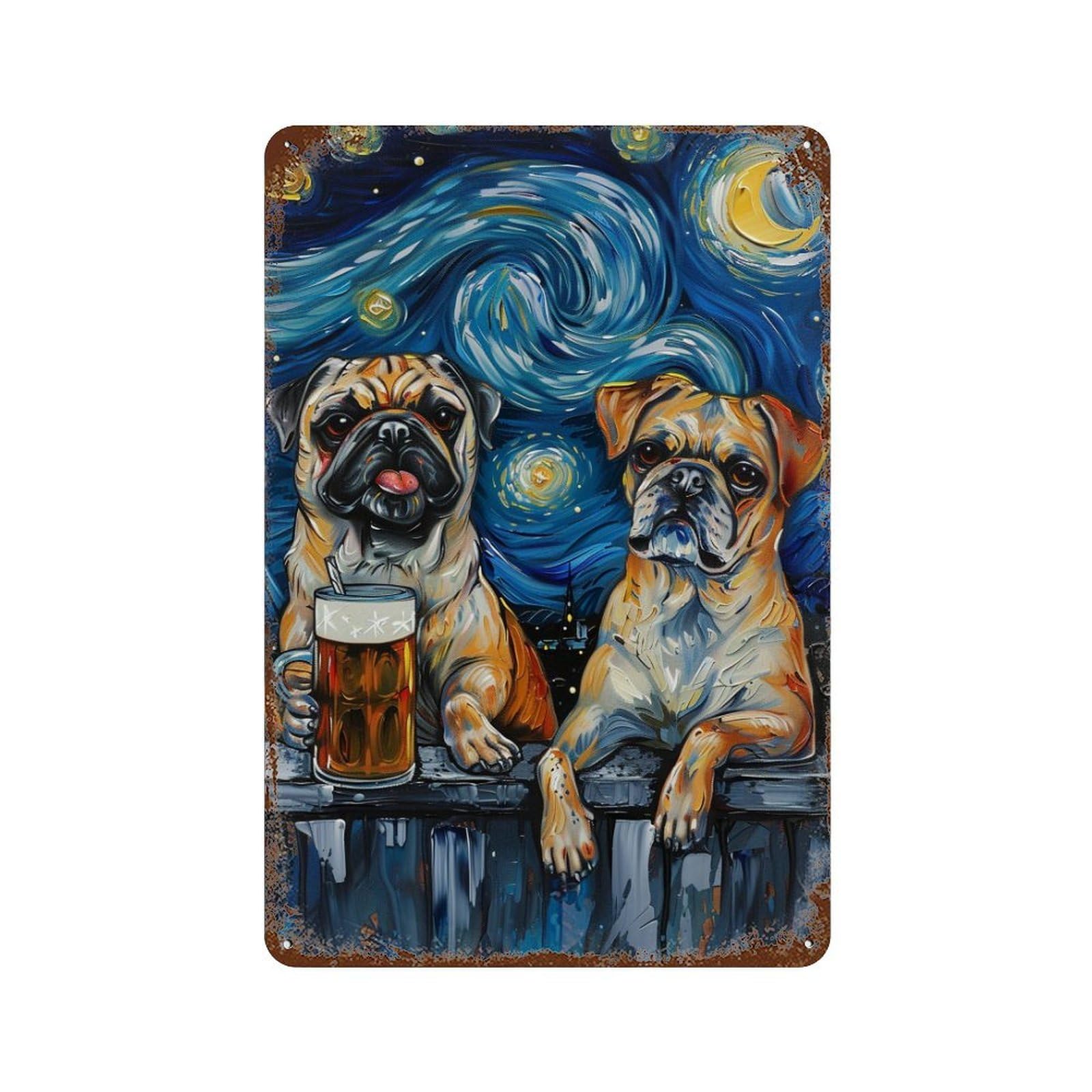 Garage Style Starry Night Pugs with Beer Distressed Metal Wall Sign 11.8"x7.9", Retro Wall Decor for Bar And Workshop