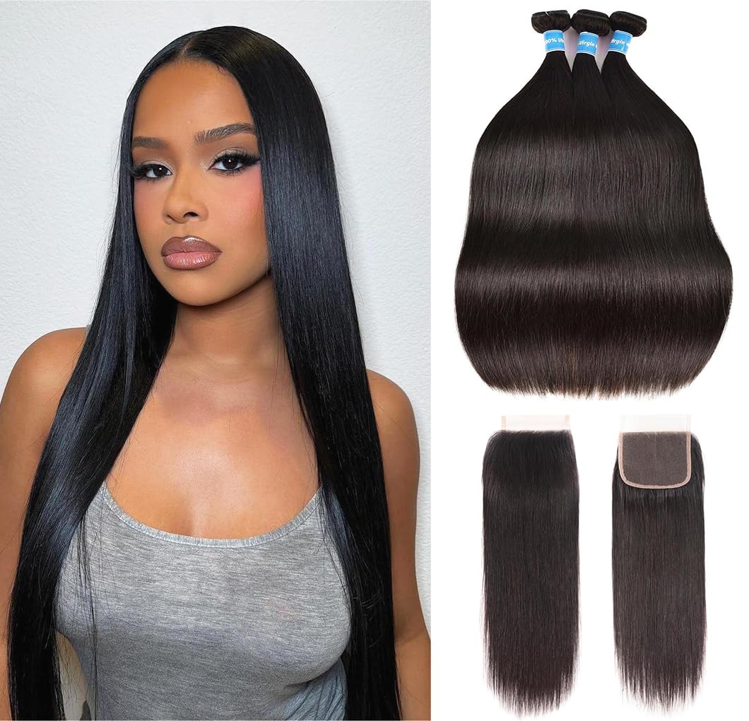 Brazilian Virgin Straight Hair Bundles with Closure Human Hair(22 24 26 + 20) Unprocessed Virgin Quick Weave 3 Human Hair Bundles with 4x4 Free Part HD Lace Closure