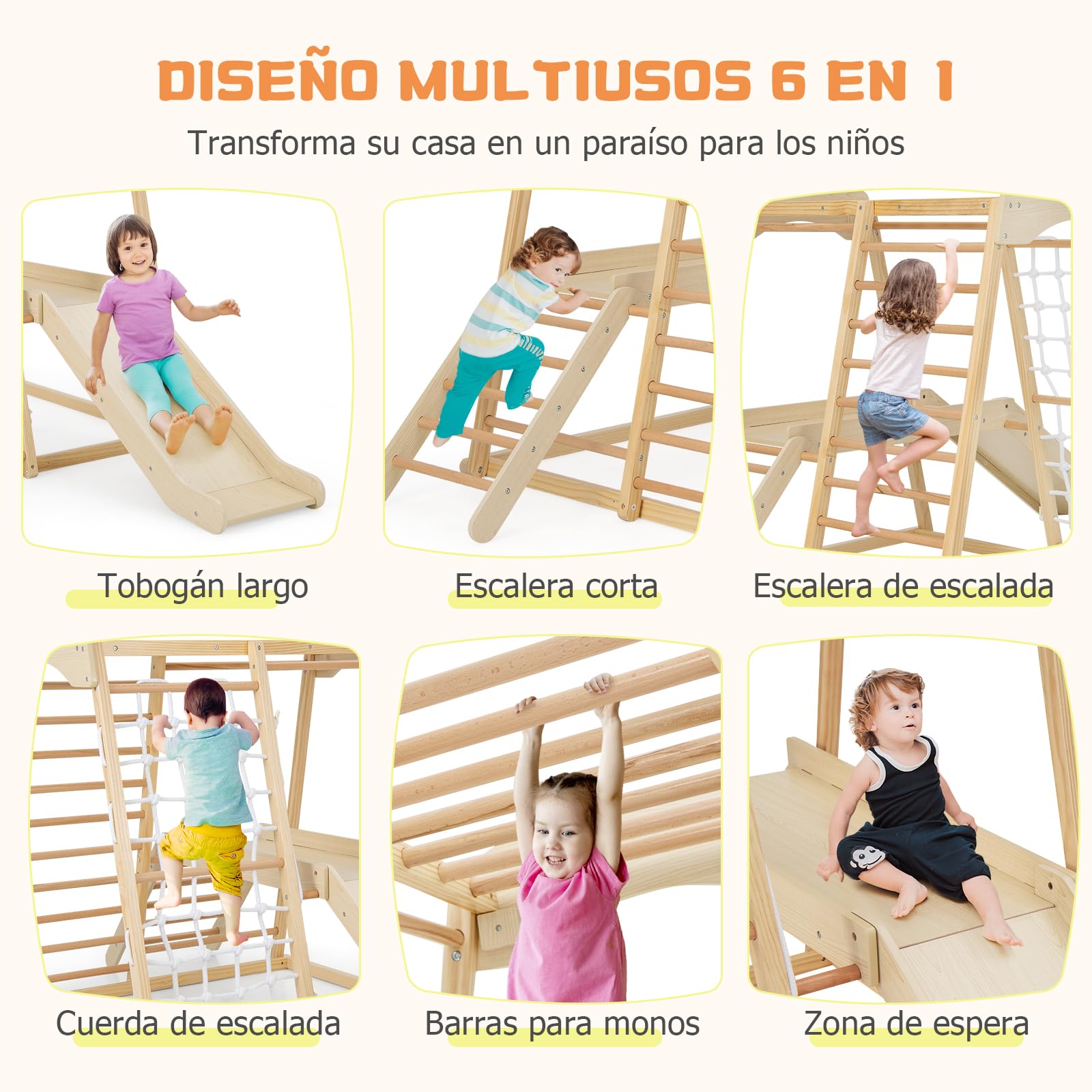 GOPLUS 6 en 1 Triángulo de Escalada Parque para Niños de 1 Año+, Juguetes de Escalada Grande de Madera con Tobogán/Red de Escalada/Barra, Juego de Montessori, Torre de Escalada, Carga 200 KG, Natural
