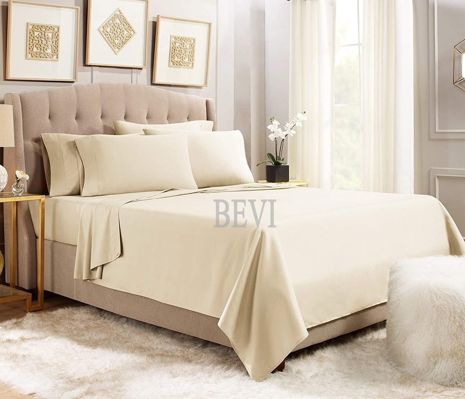 BEVI - Home Super Solid Ivory 144 Tc Microfiber Double King Bedsheet with 2 Pillow Cover -(Plain Ivory)