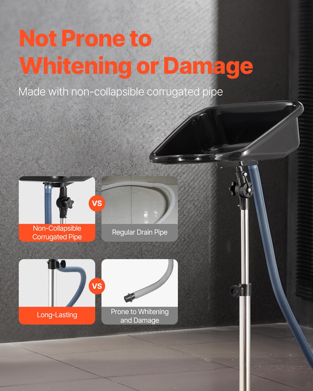 VEVOR Lavabo Móvil de Peluquería, con Altura y Ángulo Ajustables, Lavacabezas con Manguera de Drenaje y Base de Apoyo, Ideal para Barberías, Salones de Belleza, 510 x 520 x (900-1270) mm, Negro