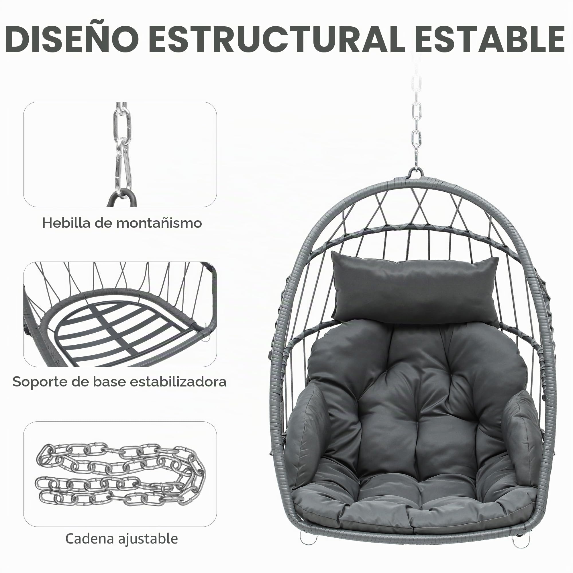 YITAHOME Silla Columpio Carga Máx. 150kg Silla Colgante de Forma Huevo con 2 Cojines, Estructura de Mimbre Resistente, 74x72x105cm Silla Colgante con Cadena y Gancho para Patio, Jardín, Interior, Gris