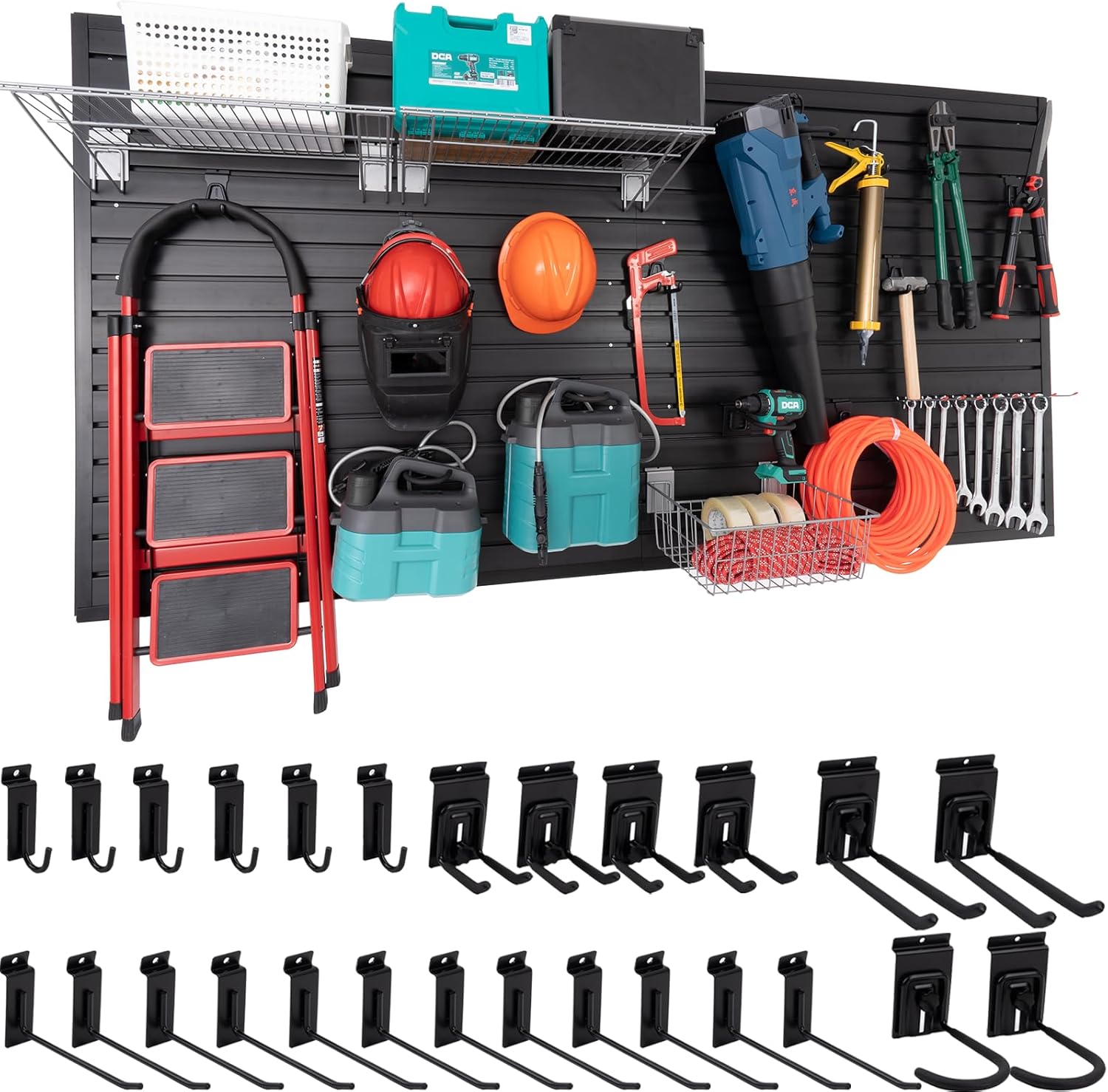 Slatwall Panel Garage Slat Wall Storage Systems with 26 Slatwall Accessories, 4'x8' PVC Black Slat Wall Paneling for Retail Display, Garage Storage, Guitar Shop, Home Storage