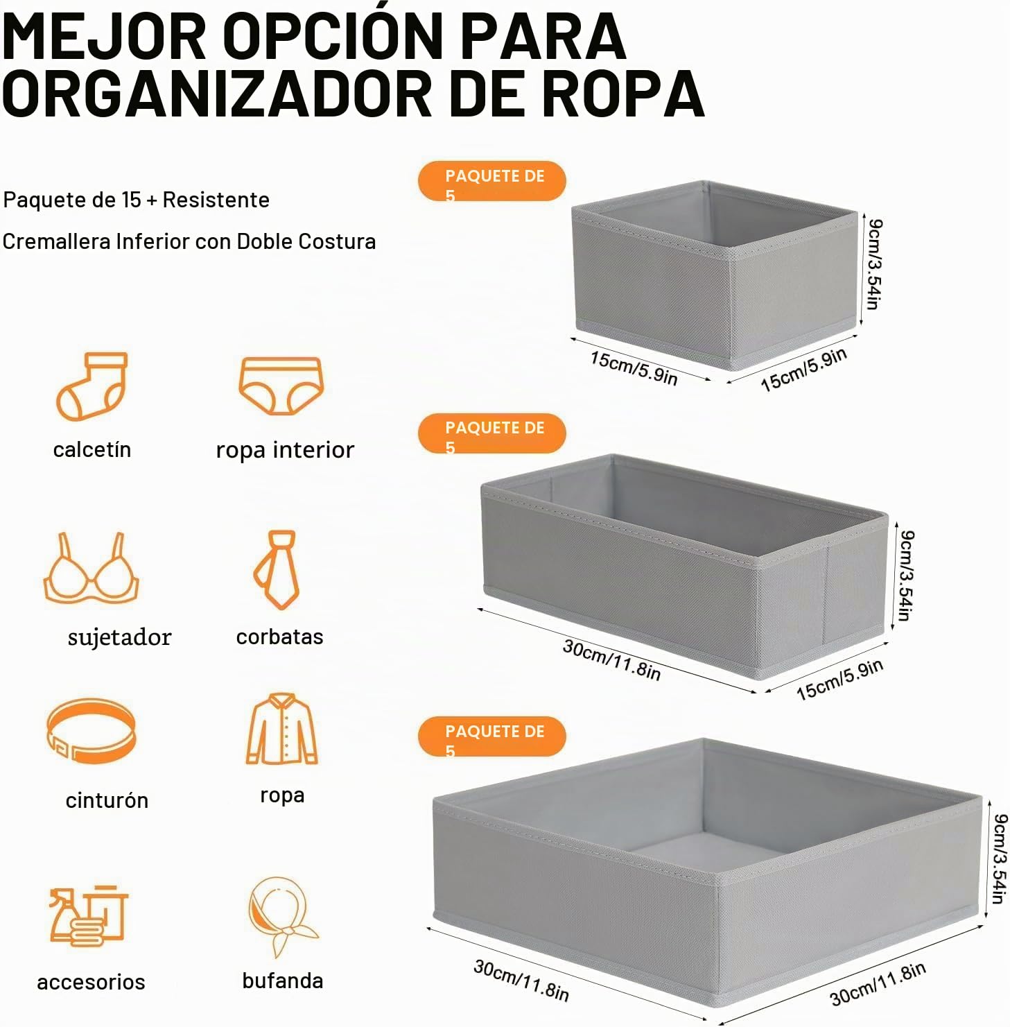 DIMJ Organizador Cajones Ropa Interior - Divisores de Cajones Juego de 15 Cajas Almacenaje Plegables de Tela Para Guardar Ropa, para Sujetadores, Calcetines, Cajas, Armario, Gris