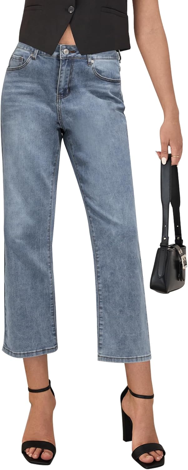 LookbookStore Cropped Jeans for Women High Waisted 90s Baggy Straight Stretchy Denim Pants Trendy Jeans with Pockets