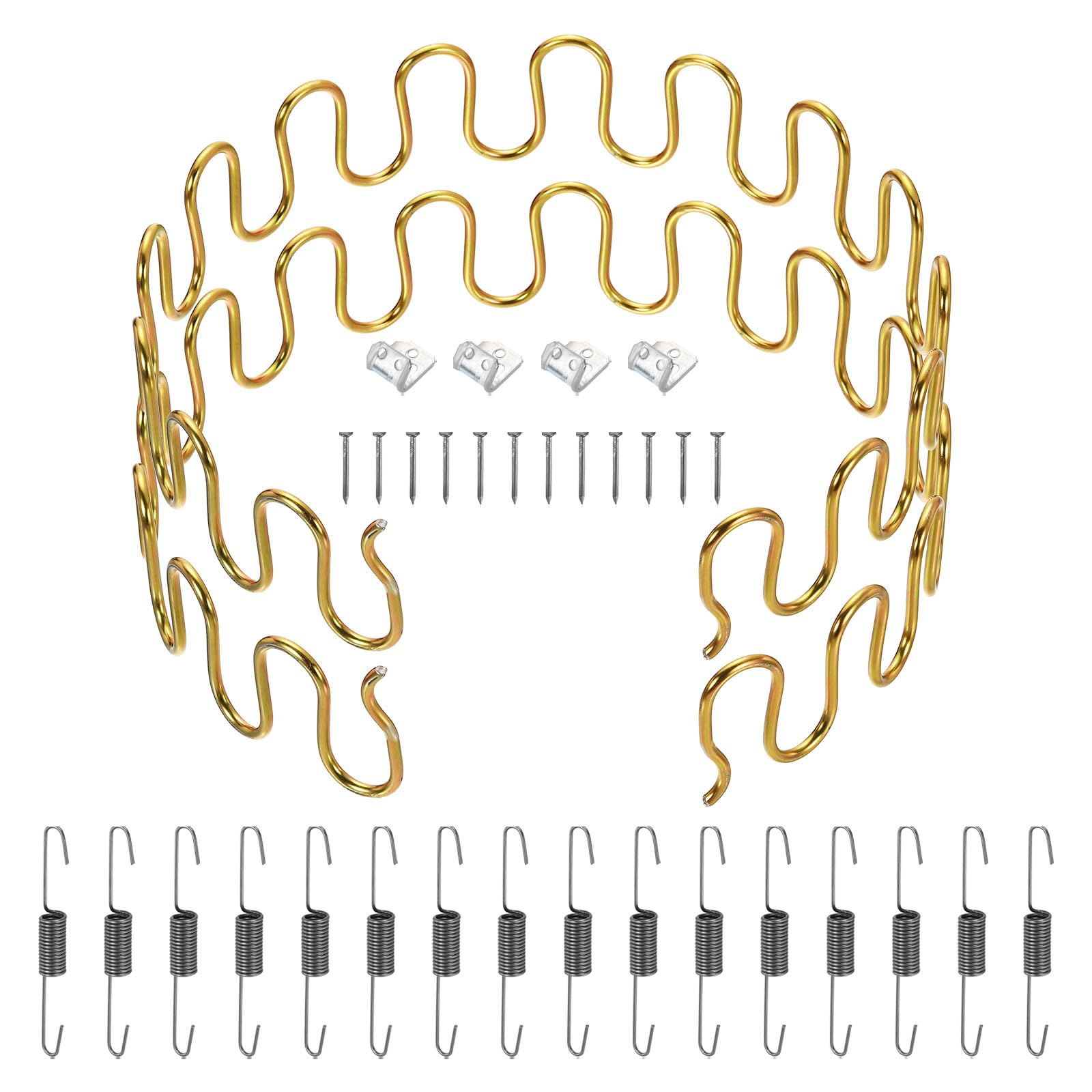 sourcing map 2Pcs 25.6" Upholstery Spring Replacement Kit, Carbon Steel Sagging Cushions Repair Kit Arch Spring with Balance Hooks, S Spring Clips, Screws for Sofa Recliner Chair, Gold