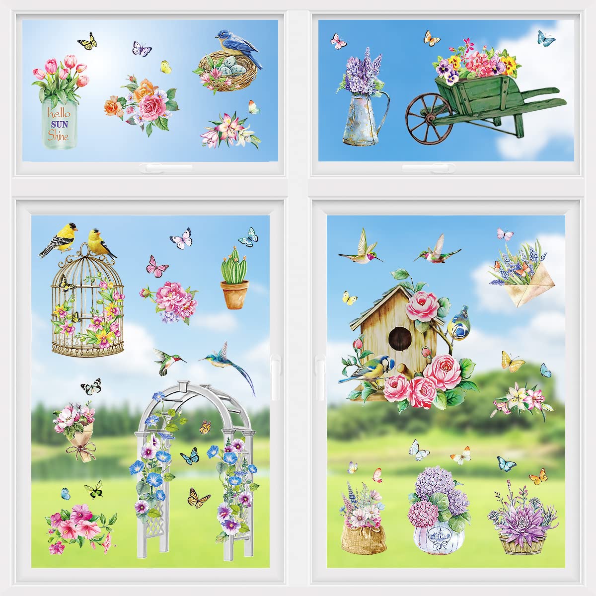 Large Size Spring Window Clings, 47 Pieces Flower Hummingbird Butterfly Anti-Collision Window Decoration Decals 6 Sheets,Static Stickers Decor for Glass Windows and Doors for Baby Shower Decoration Party Supplies