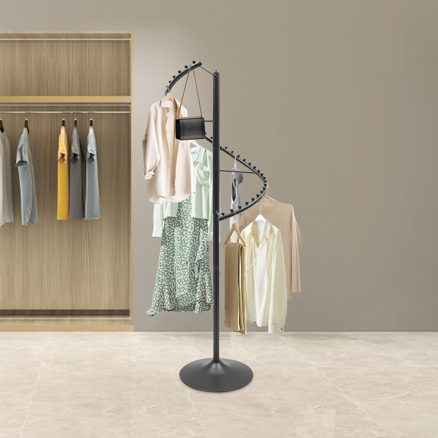 Spiral Rotating Clothing Rack, 38 Ball Round Garment Rack Clothing Standing Rack Spiral Hanger for Bedroom Living Room and Boutique Store (Black)