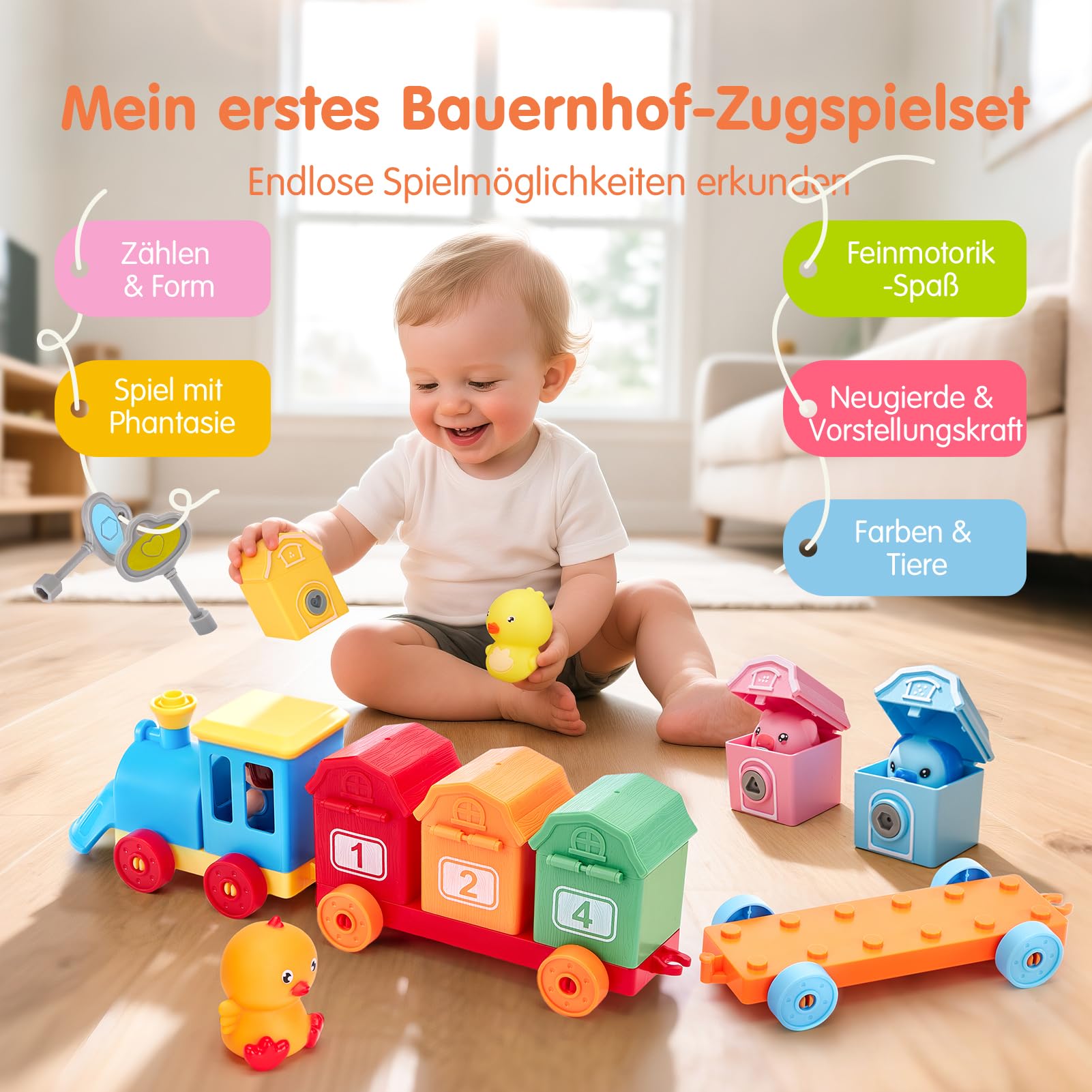 hahaland Bauernhof Montessori Spielzeug 2 Jahre mit Bauernhoftiere Fingerpuppen Schlüssel, Zug Spielzeug zum Zählen, Sortierspiel, Zuordnen, Kinderspielzeug ab 2 3 4 Jahre Geschenk für Junge Mädchen