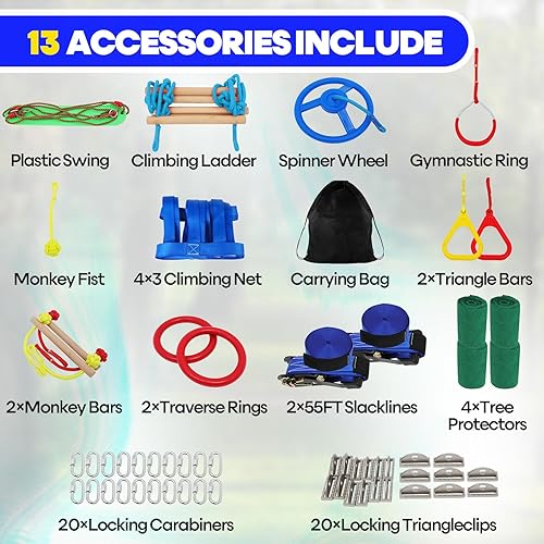 Miniatura 3 de Carrera de obstáculos Ninja Warrior de 2 x 55 pies para niños con 13 accesorios de carrera de obstáculos columpios, barras de mono, entrenadores de
