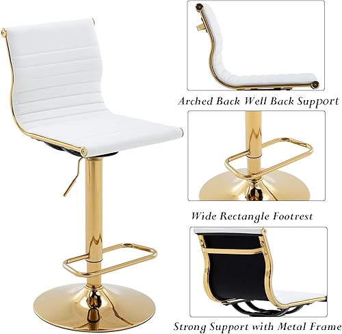 Miniatura 7 de DM Furniture Juego de 2 taburetes de bar ajustables de piel sintética color blanco y dorado, sillas giratorias con respaldo para cocina, isla y