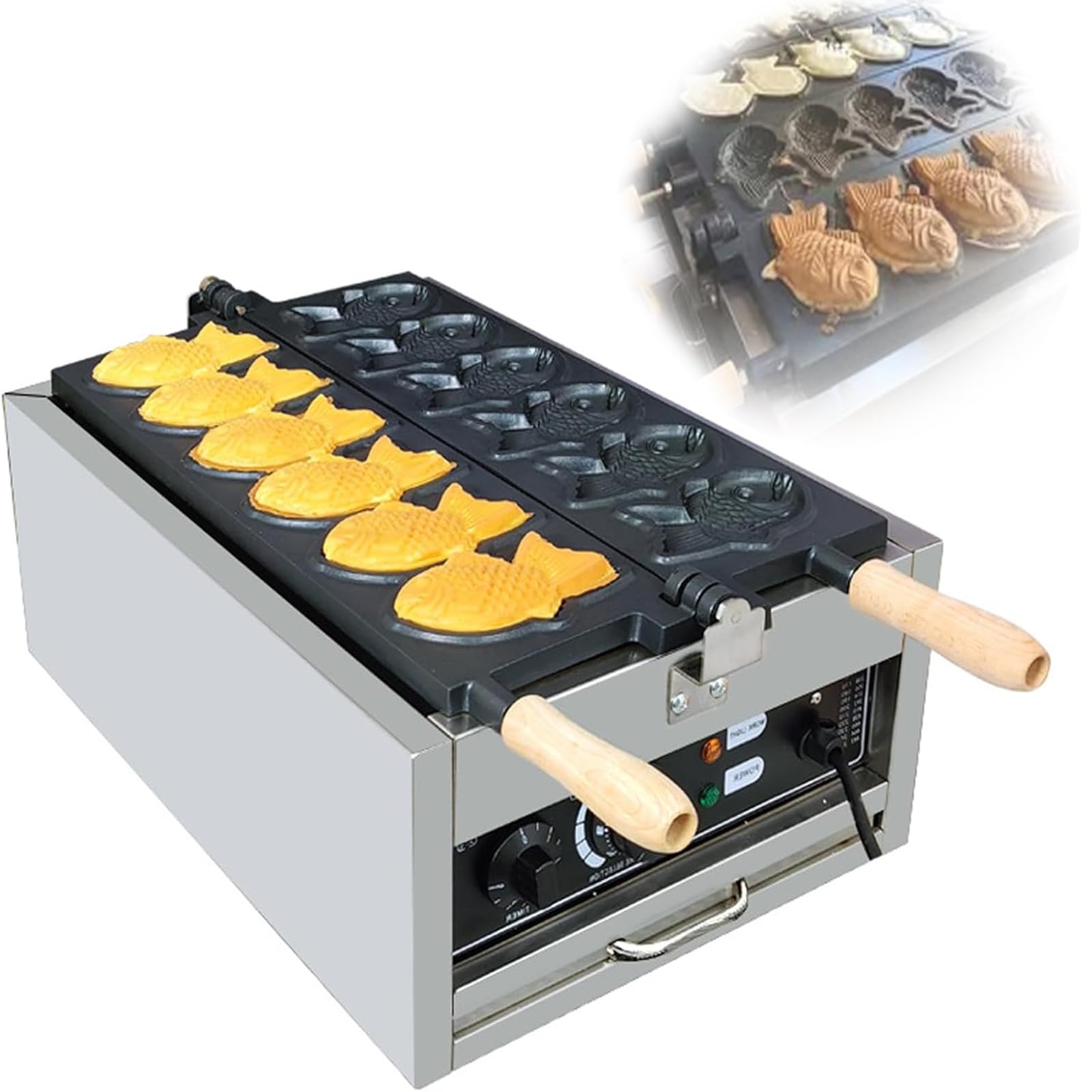 Gaufrier Professionnel Type Poisson, 50-300 ℃, Gaufrier À Confiture À Usage Commercial, Acier Inoxydable Professionnel, Revêtement Antiadhésif, Fabrication De 6 Mini Gaufres De Poisson À Bouche