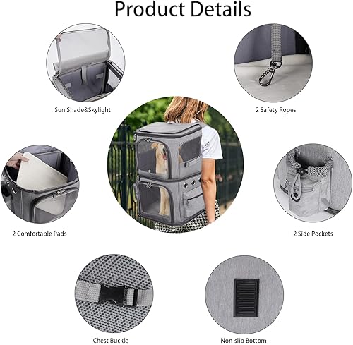 Vista 4 de Mochila transportadora de mascotas de doble compartimento para gatos pequeños y perros, transportador de viaje para gatos para 2 gatos, perfecta Gris