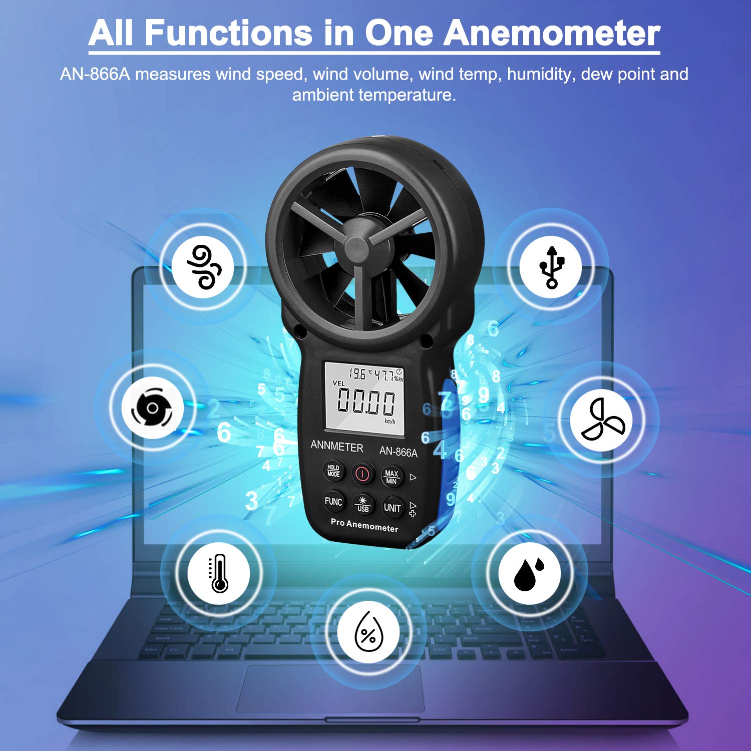 ANNMETER AN866A Digital Anemometer, CFM Wind Speed Gauge, Air Flow