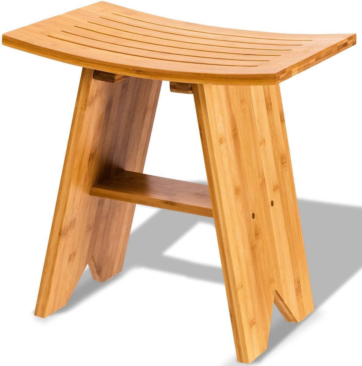 18'' Bamboo Bath Seat, WATERJOY Perfect Shower Bath Stool Bench Chair with Storage Shelf for Indoor and Outdoor Use