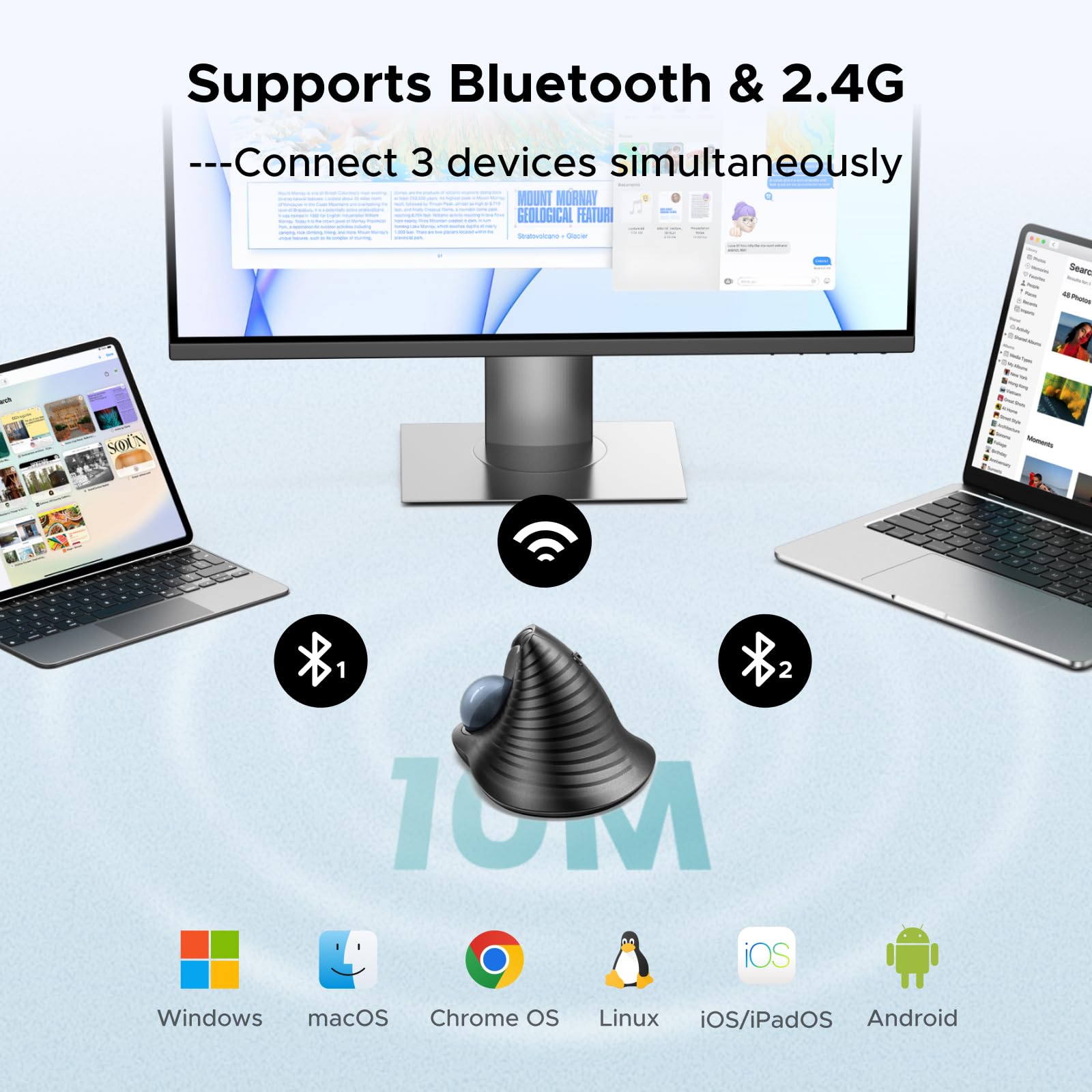 UGREEN Bezprzewodowa mysz z trackballem, ergonomiczna mysz Bluetooth z akumulatorem i sterowaniem palcami, ultraszybkim przewijaniem, 2,4 GHz i podwójnym Bluetooth
