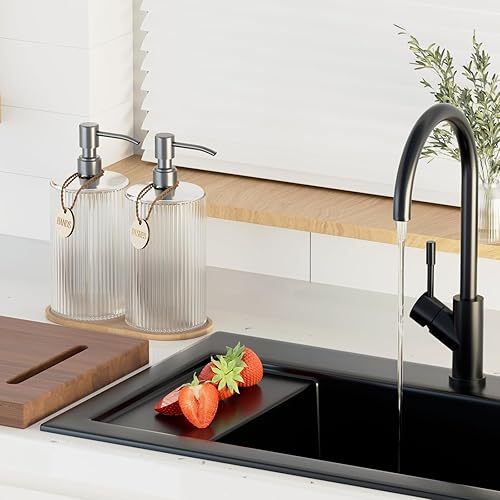 Miniatura 4 de Juego de dispensador de jabón de 18 onzas con bomba de acero inoxidable plateado y bandeja de madera, diseño de rayas verticales recargable para