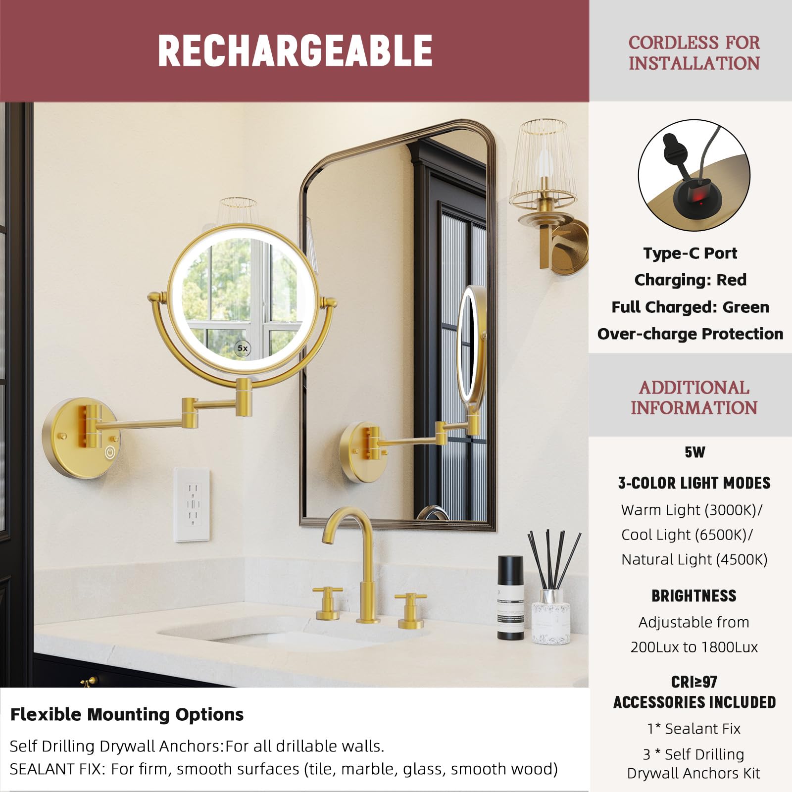 Espejo de maquillaje recargable de latón de 8 pulgadas con luces y aumento 1X/5X, inalámbrico de doble cara de 3 colores, control táctil LED, brazo extendido, rotación de 360 grados para baño