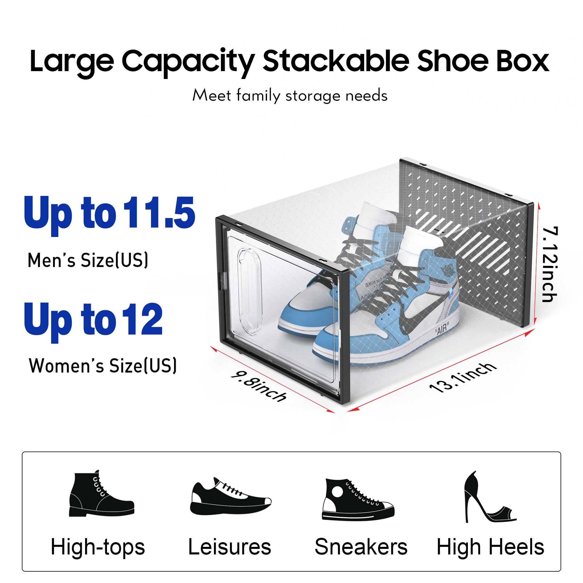 EWONLIFE Grande scatola portaoggetti per scarpe con porta magnetica, confezione da 12 pezzi, in plastica trasparente, impilabile, per armadio, scarpiera, contenitori per scarpe da ginnastica,