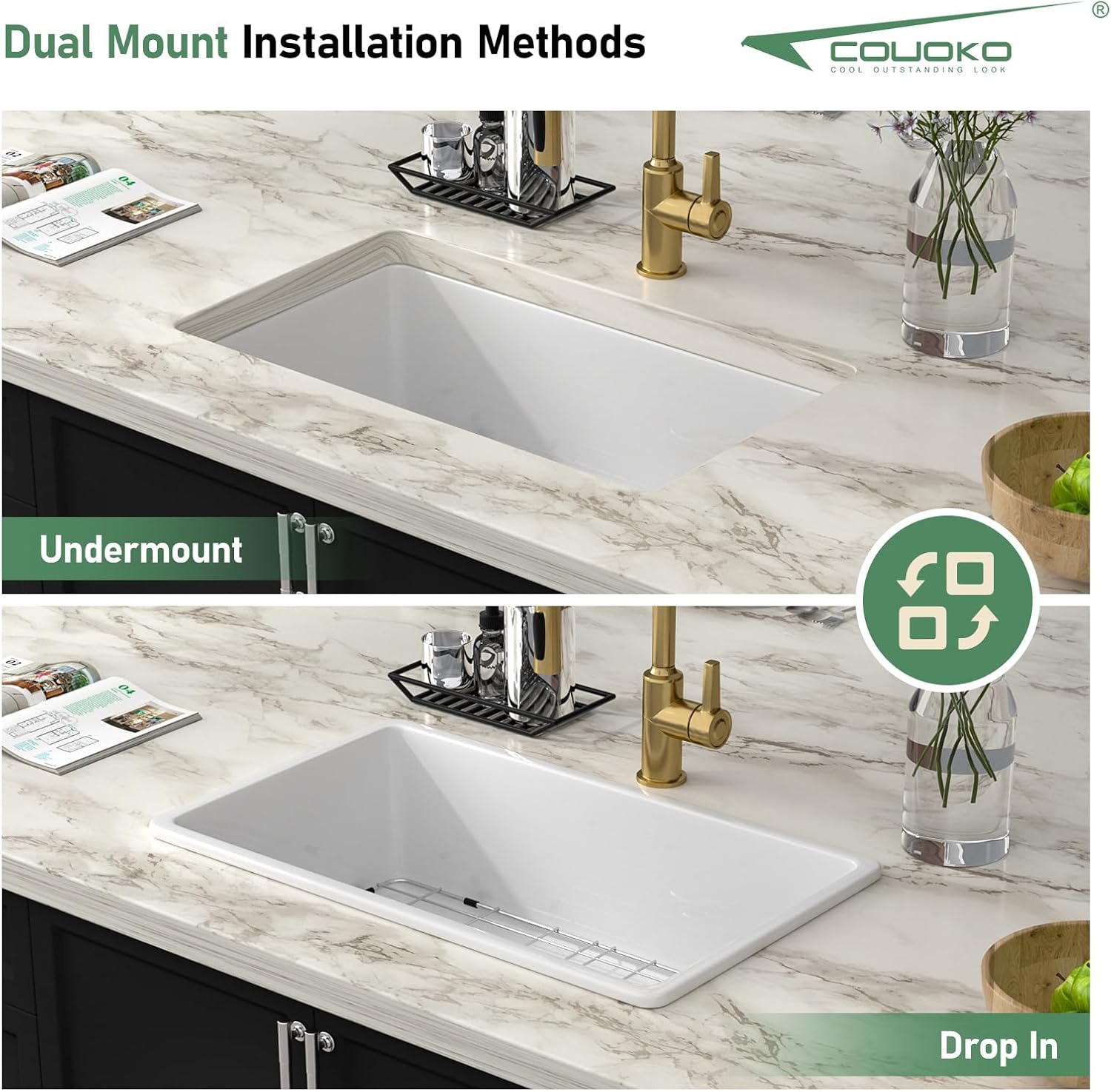 White Undermount Kitchen Sink 30 Inch - Glossy White Fireclay Drop In Kitchen Sink Dual Mount Large Deep Heavy Duty Single Bowl Undermount Sinks Basin with Luxury Accessories 30"x18"x10"