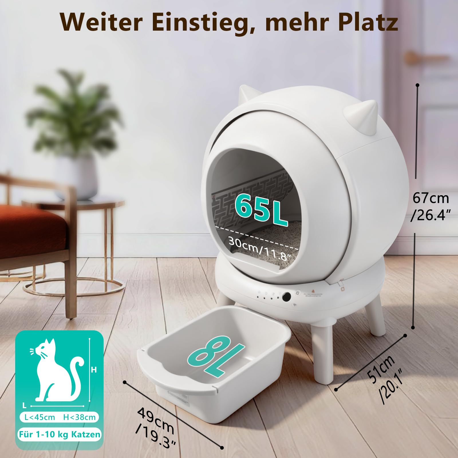 Katzenklo Selbstreinigend,73L Selbstreinigende katzentoilette mit App,Sicherheitssensoren(Anti-Pinch),Geruchsschutz,Gesundheitsmonitoring,Automatisches Katzenklo für Mehrere Katzen(Katzenstreumatte)
