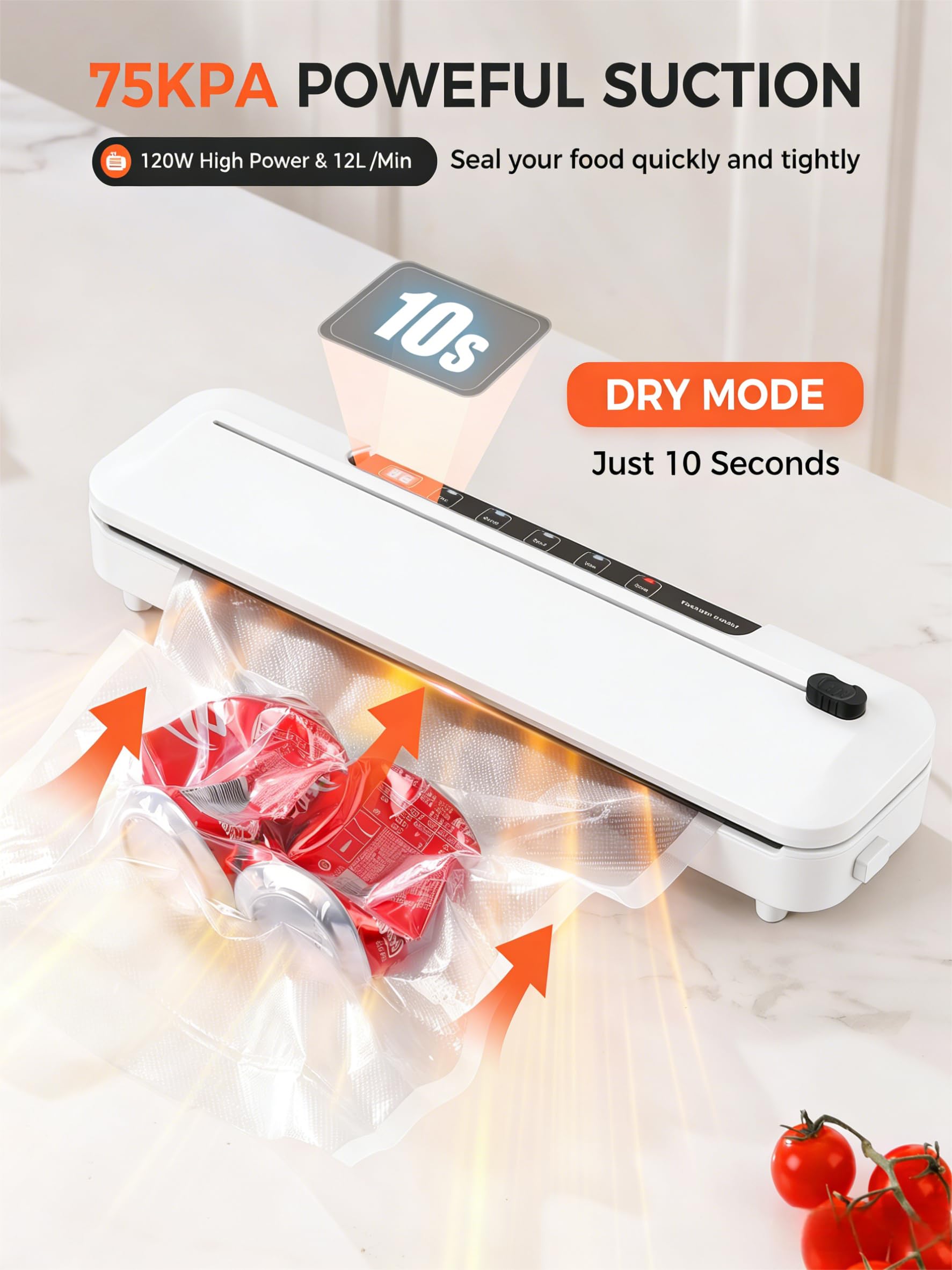 Vacuum Sealer Machine 75KPa Food with 6-in-1 Dry/Moist Modes & Digital Timer, Compact Lightweight Design, Built-in Cutter + 10 Bags (White) — view 3