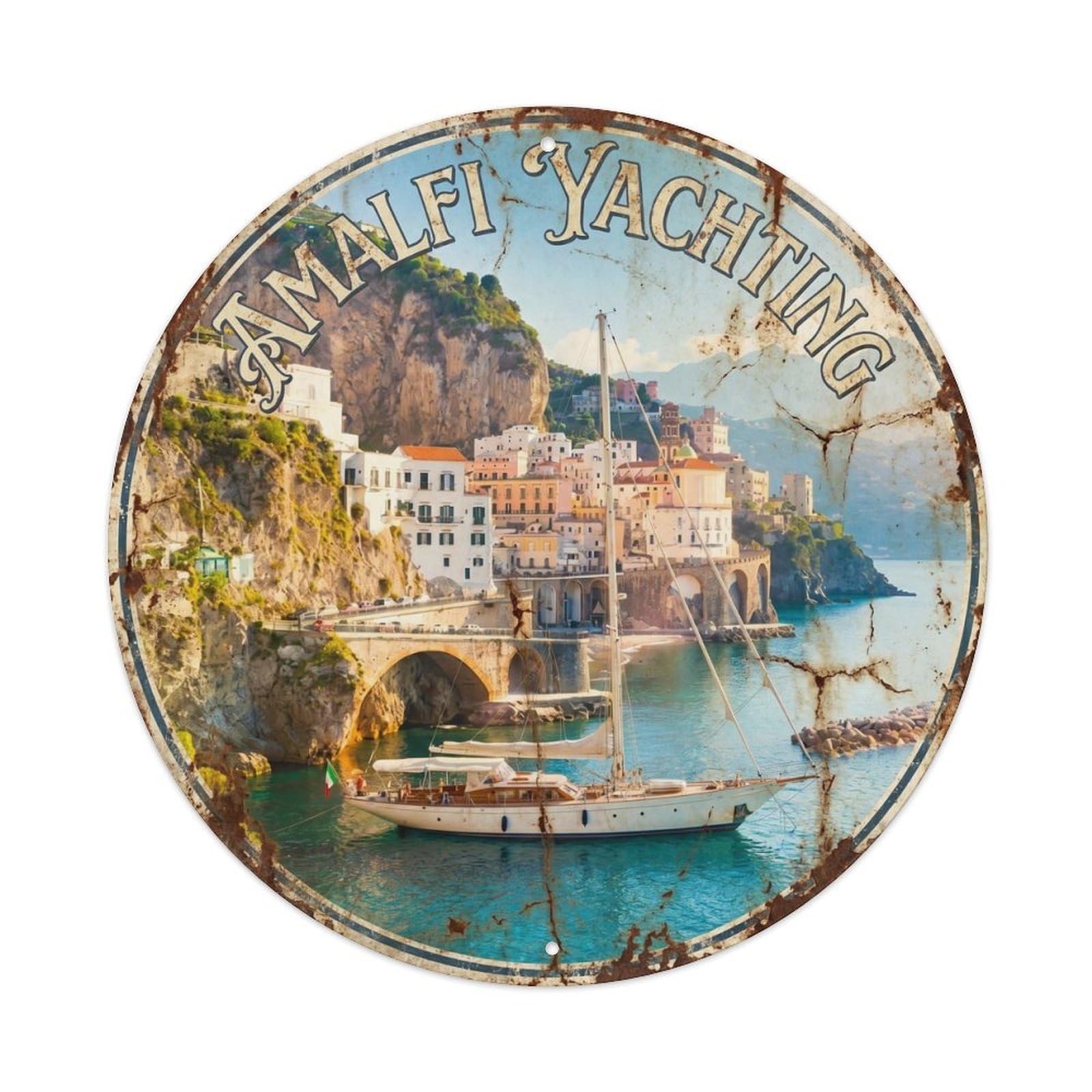 Italian Coast Yacht Luxury Amalfi Classic Travel Panorama Metal Tin Sign Plaque Wall Decor for Cafe, Man Cave, Club Bar, Office, Home Garden Round Metal Poster 8x8Inch