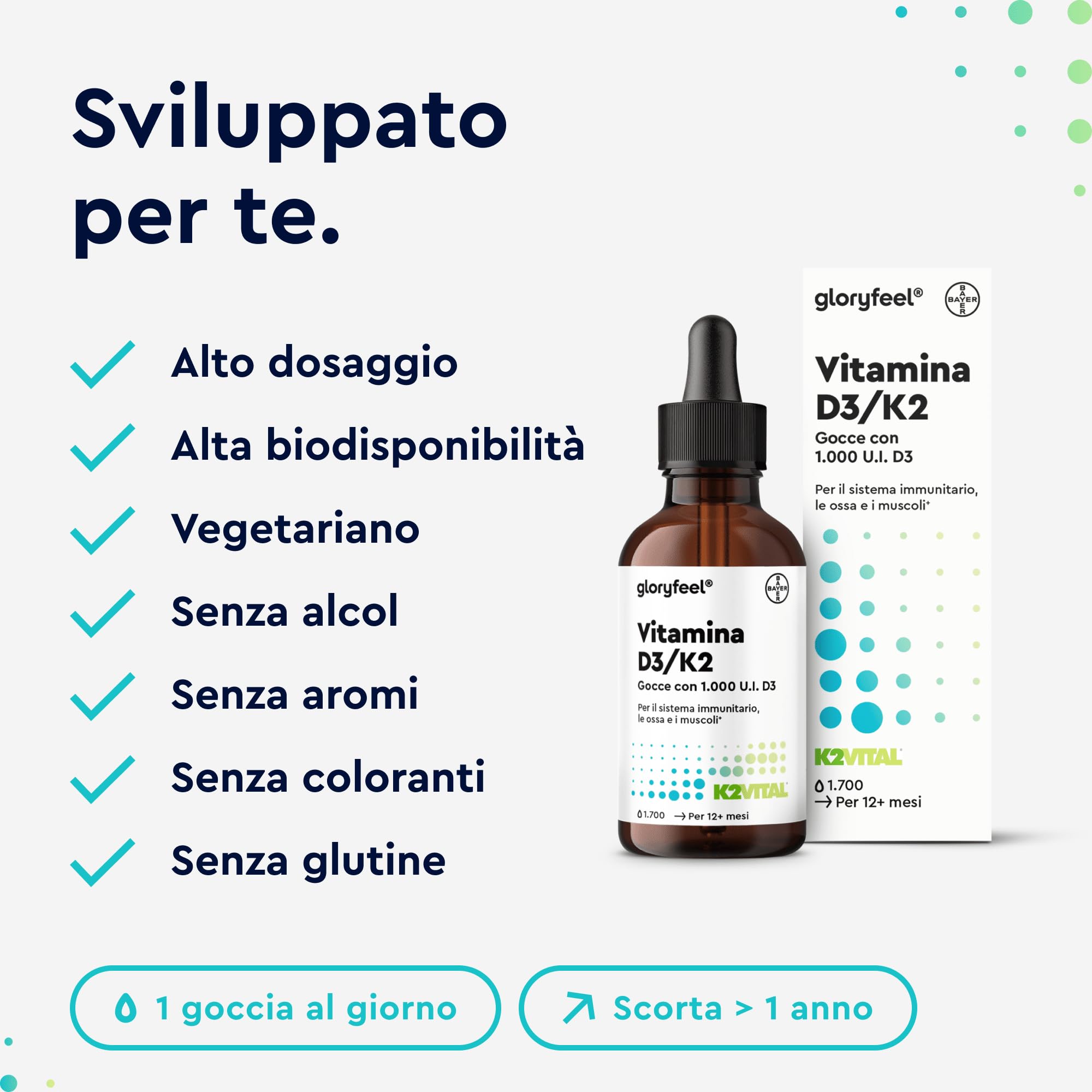 Vitamina D3 K2 50ml in Gocce, Eletto PRODOTTO DELL'ANNO 2025, Colecalciferolo 1000 UI per Goccia, Menachinone Premium 99,7+% All Trans MK7 (K2VITAL® di Kappa), Naturale con Pipetta Dosagocce